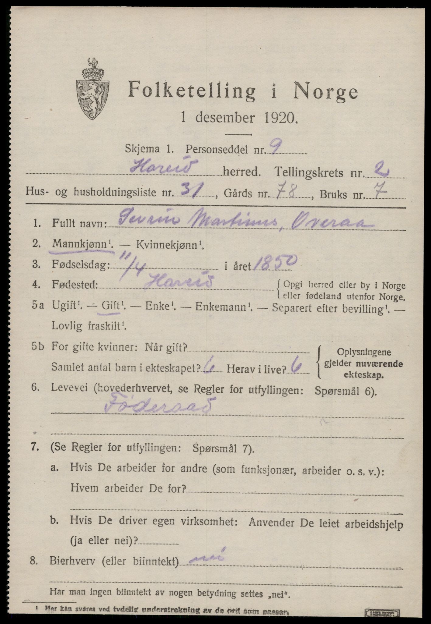 SAT, 1920 census for Hareid, 1920, p. 1383