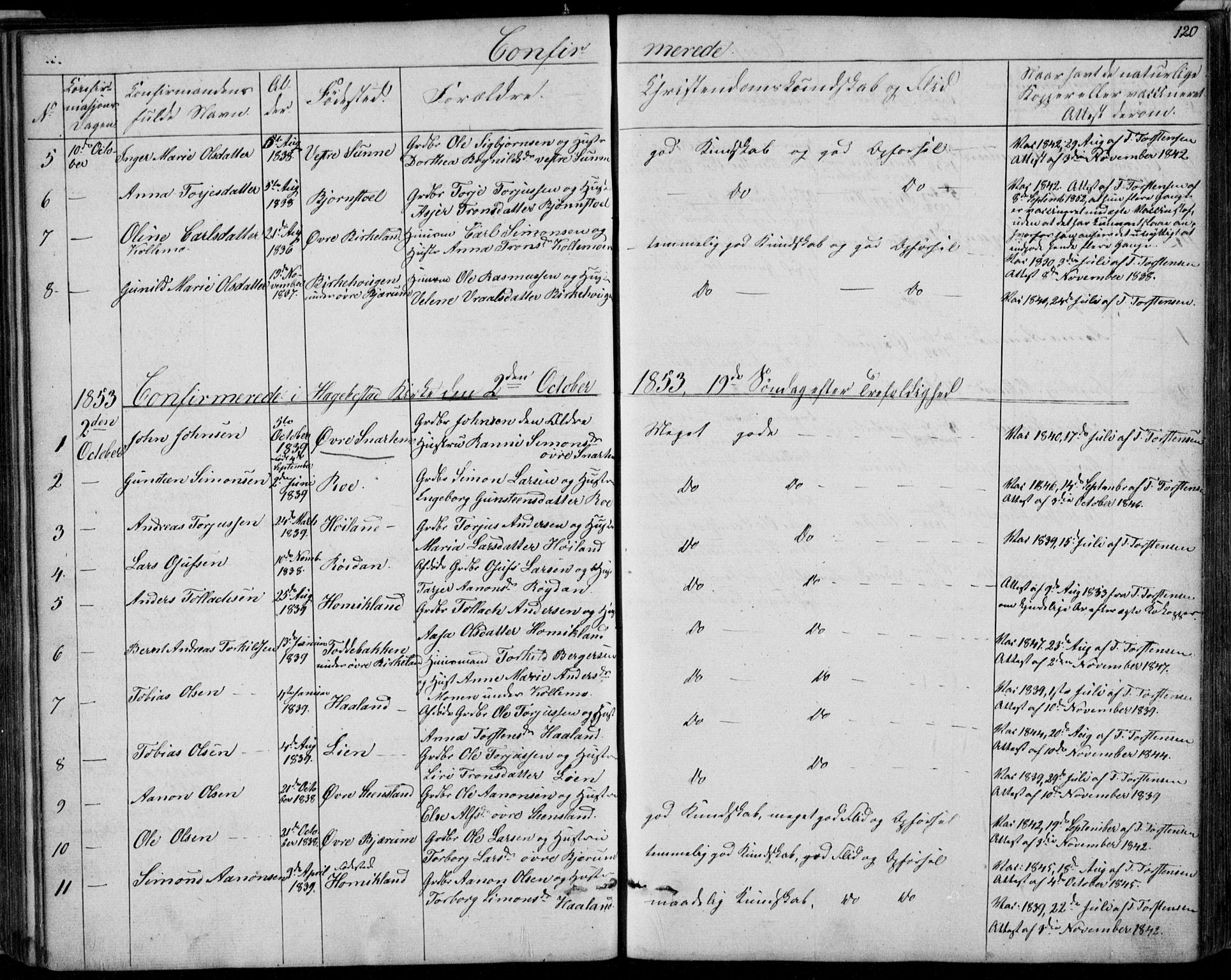 Hægebostad sokneprestkontor, SAK/1111-0024/F/Fb/Fba/L0002: Parish register (copy) no. B 2, 1851-1882, p. 120