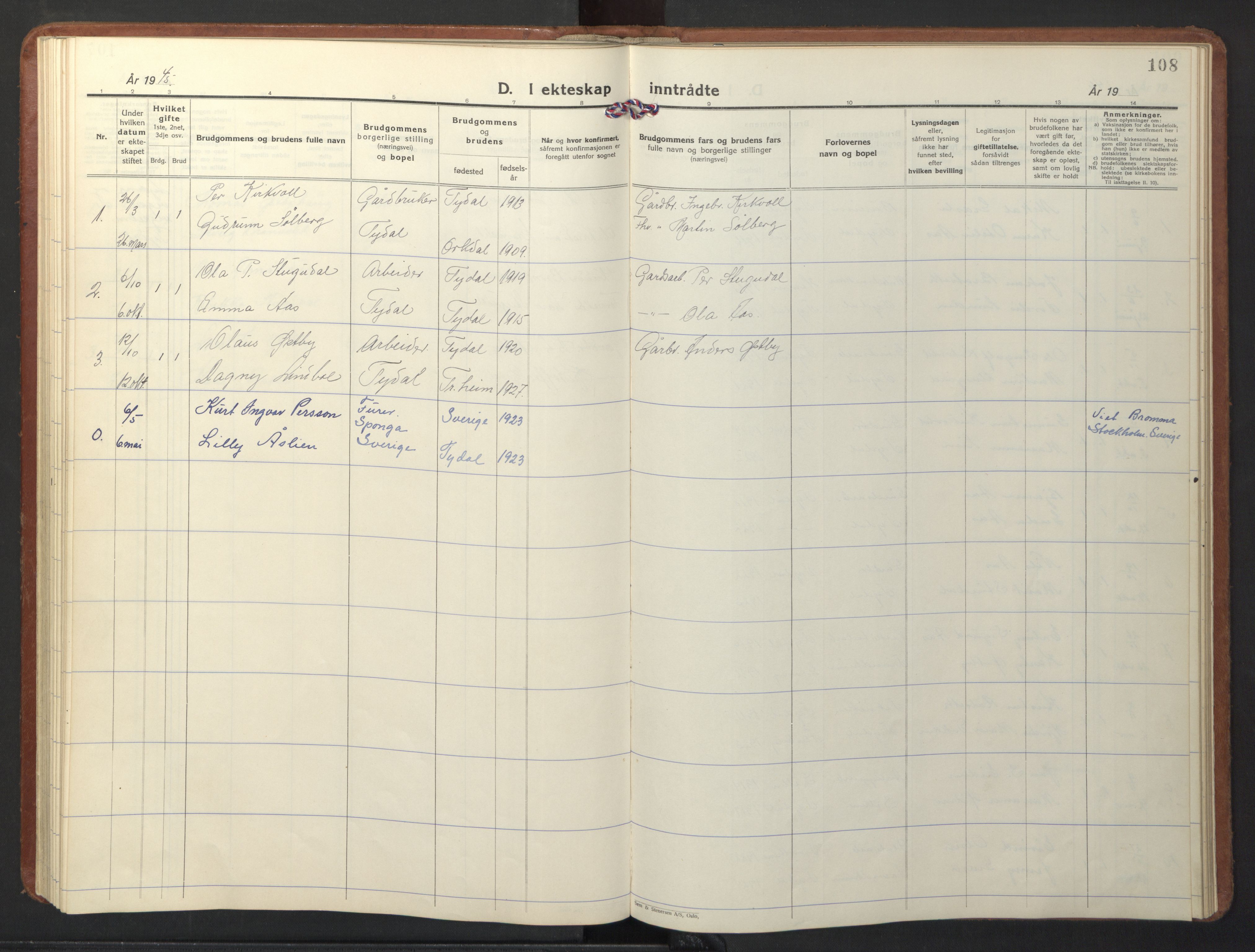 Ministerialprotokoller, klokkerbøker og fødselsregistre - Sør-Trøndelag, SAT/A-1456/698/L1169: Parish register (copy) no. 698C06, 1930-1949, p. 108