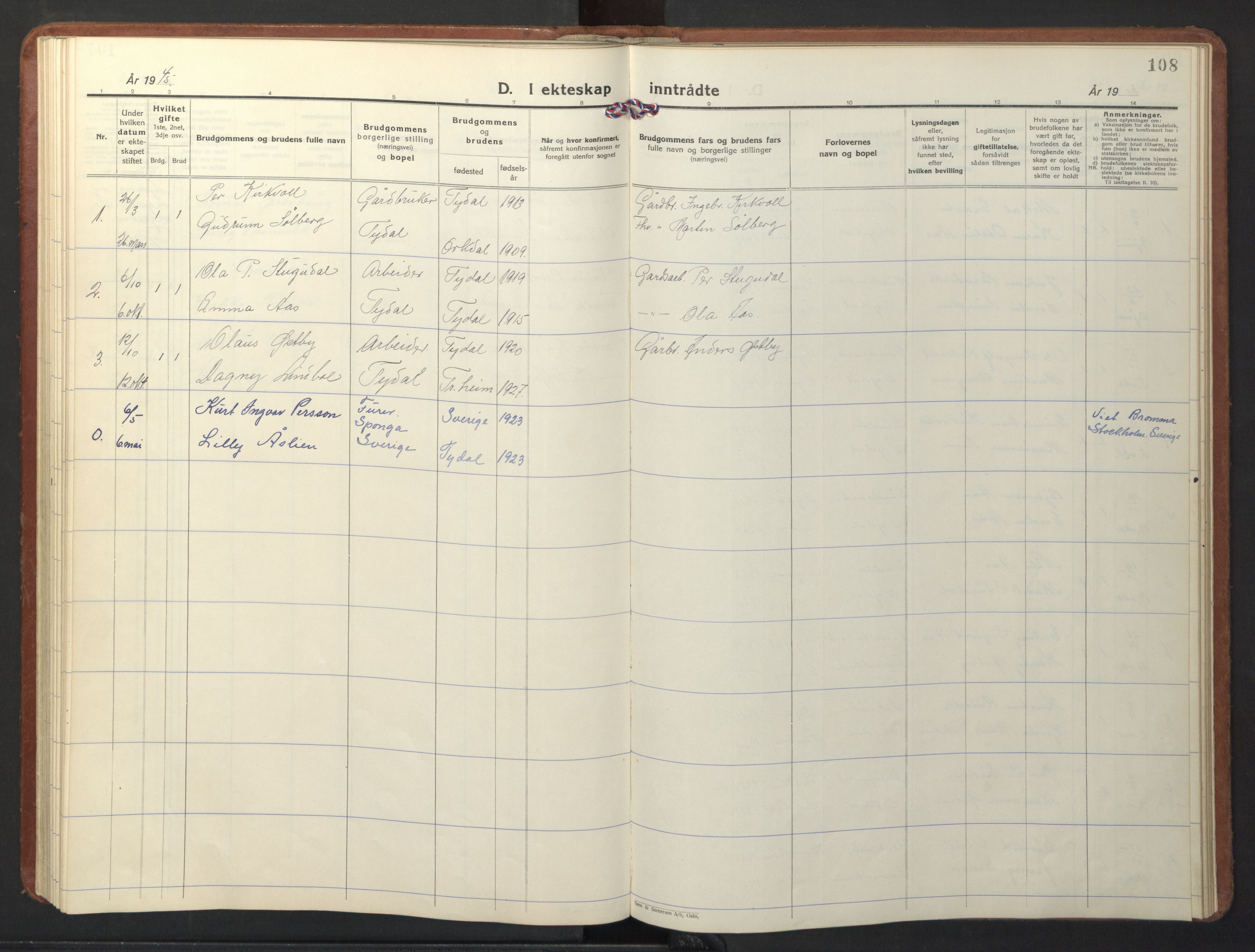 Ministerialprotokoller, klokkerbøker og fødselsregistre - Sør-Trøndelag, AV/SAT-A-1456/698/L1169: Parish register (copy) no. 698C06, 1930-1949, p. 108