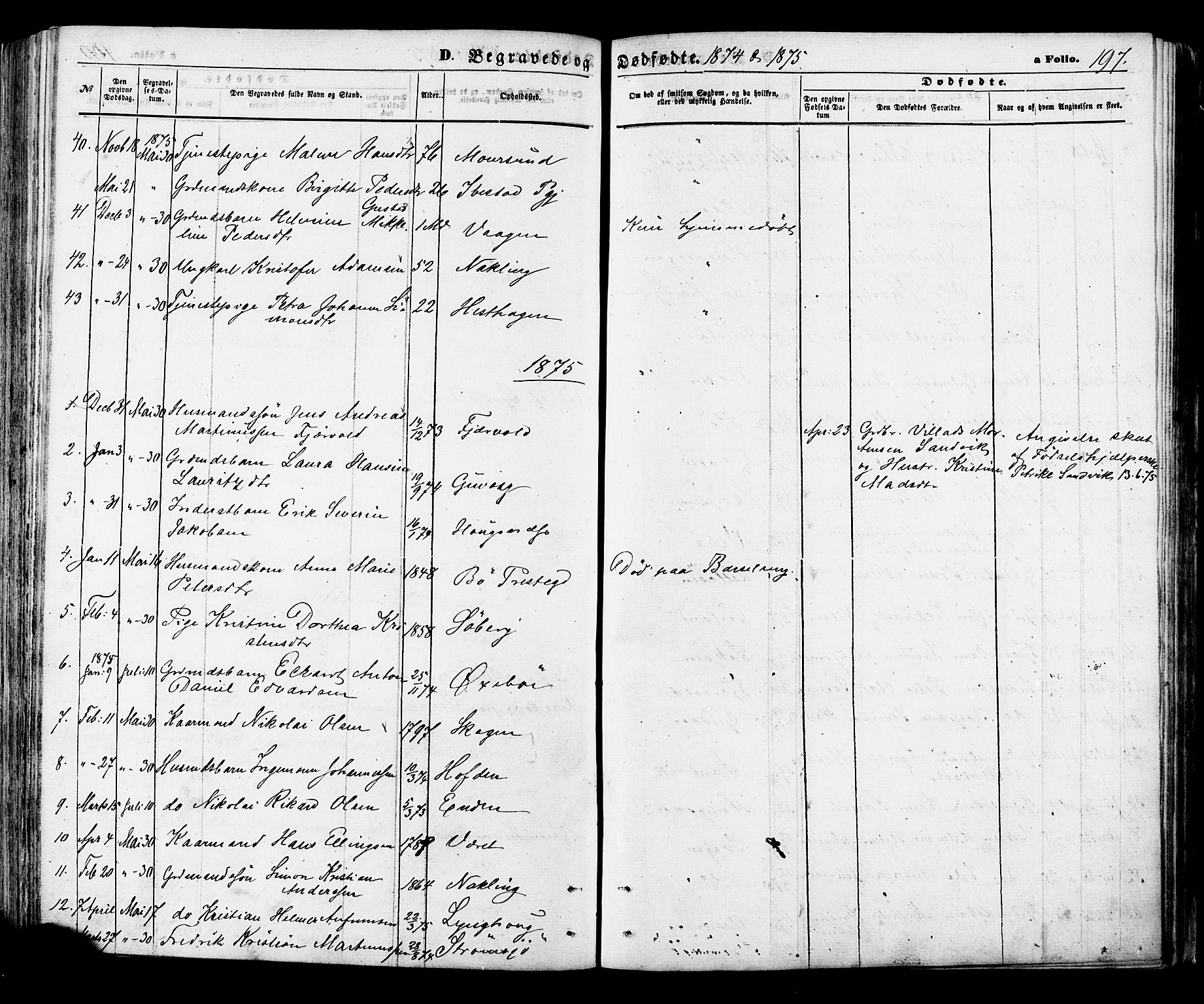 Ministerialprotokoller, klokkerbøker og fødselsregistre - Nordland, SAT/A-1459/891/L1301: Parish register (official) no. 891A06, 1870-1878, p. 197