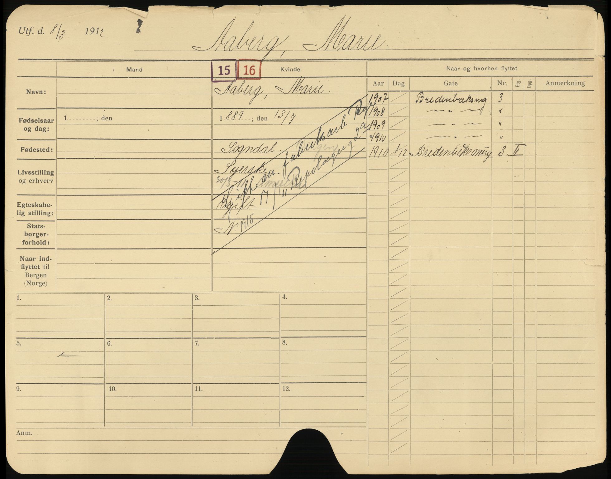 Bergen folkeregister, AV/SAB-A-17201/K/Ka/L0001: Gifte kvinner 1912 - 1919, Aaberg - Cook, 1912-1919