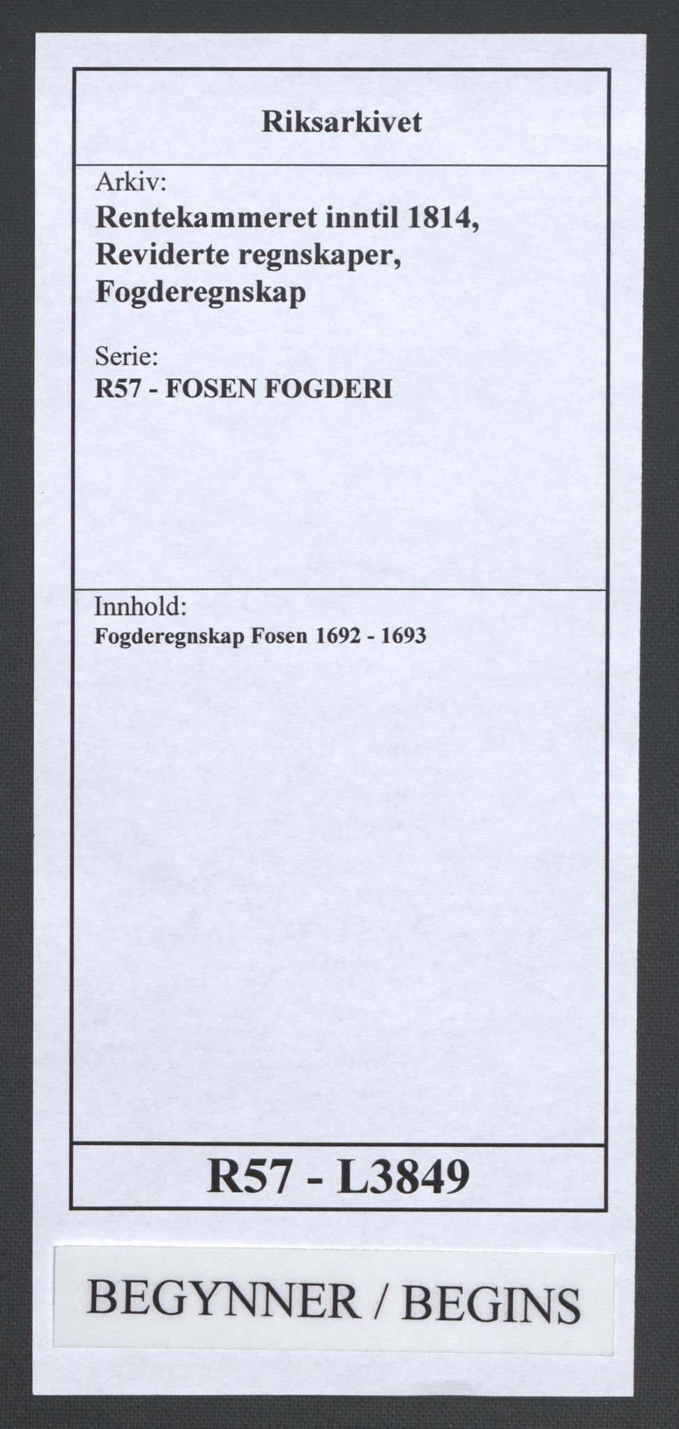 Rentekammeret inntil 1814, Reviderte regnskaper, Fogderegnskap, AV/RA-EA-4092/R57/L3849: Fogderegnskap Fosen, 1692-1693, p. 1