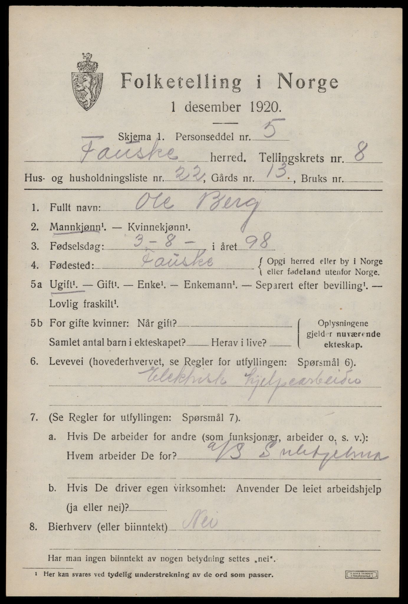 SAT, 1920 census for Fauske, 1920, p. 6626