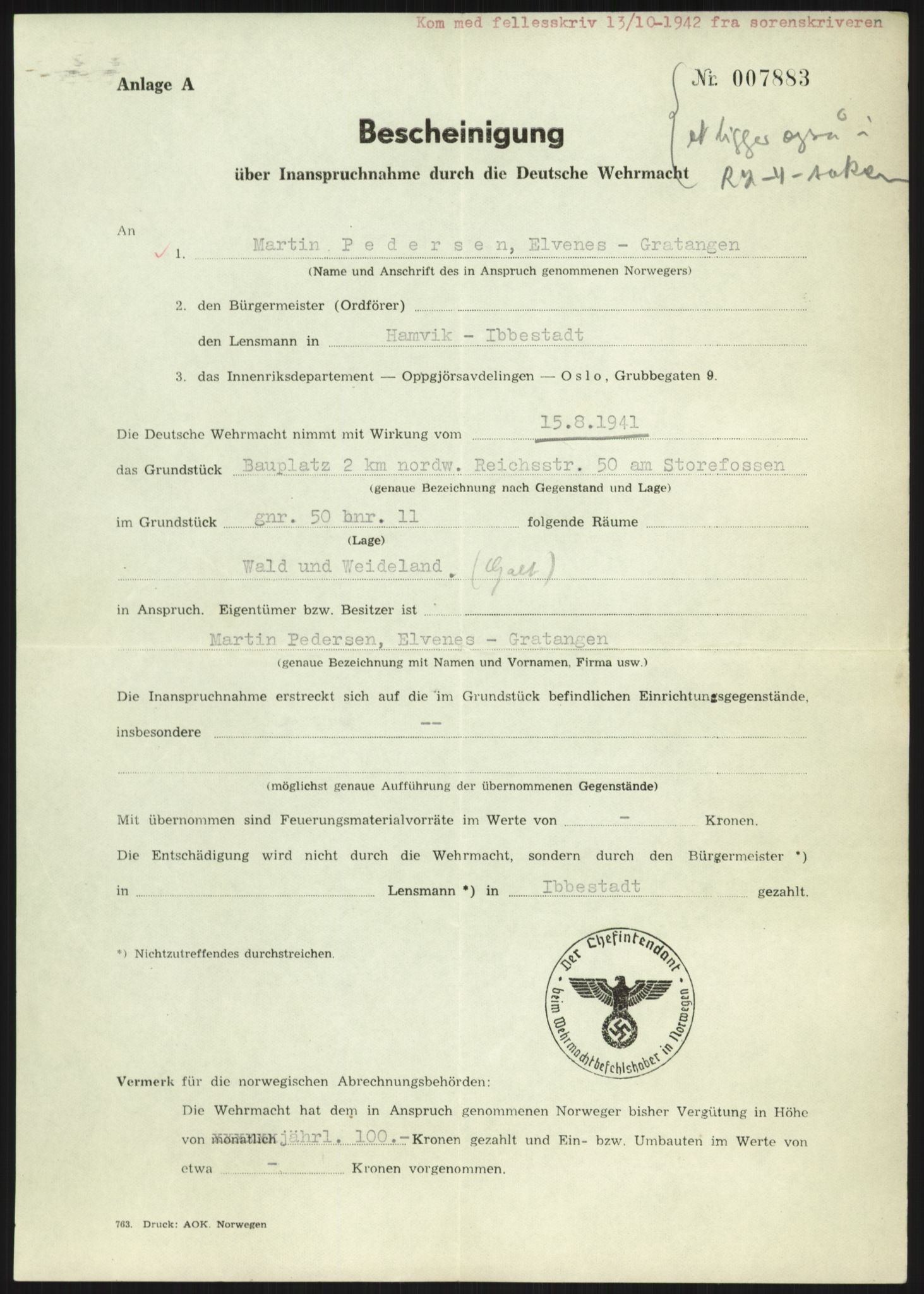 Forsvarsdepartementet, 10. kontor / Oppgjørskontoret, AV/RA-RAFA-1225/D/Dd/L0480: Troms, 1942-1953, p. 335