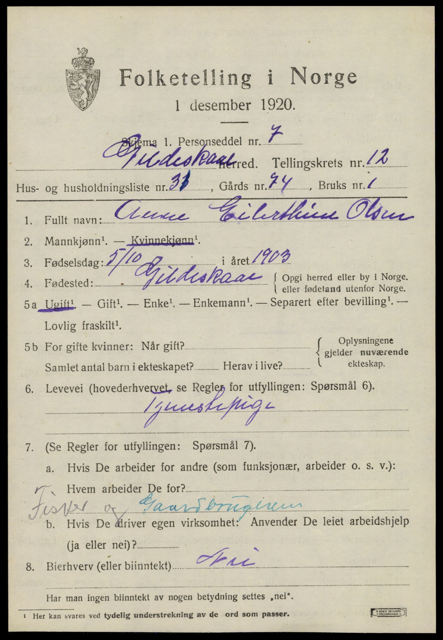 SAT, 1920 census for Gildeskål, 1920, p. 7658