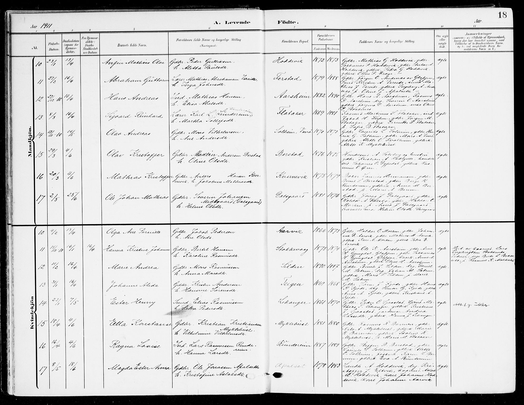 Selje sokneprestembete, SAB/A-99938/H/Ha/Haa/Haab: Parish register (official) no. B 3, 1908-1923, p. 18