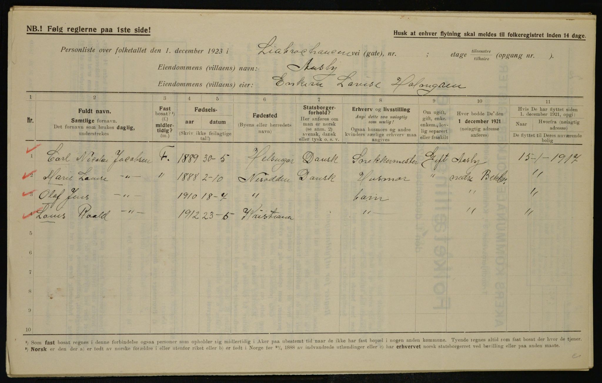 , Municipal Census 1923 for Aker, 1923, p. 40765