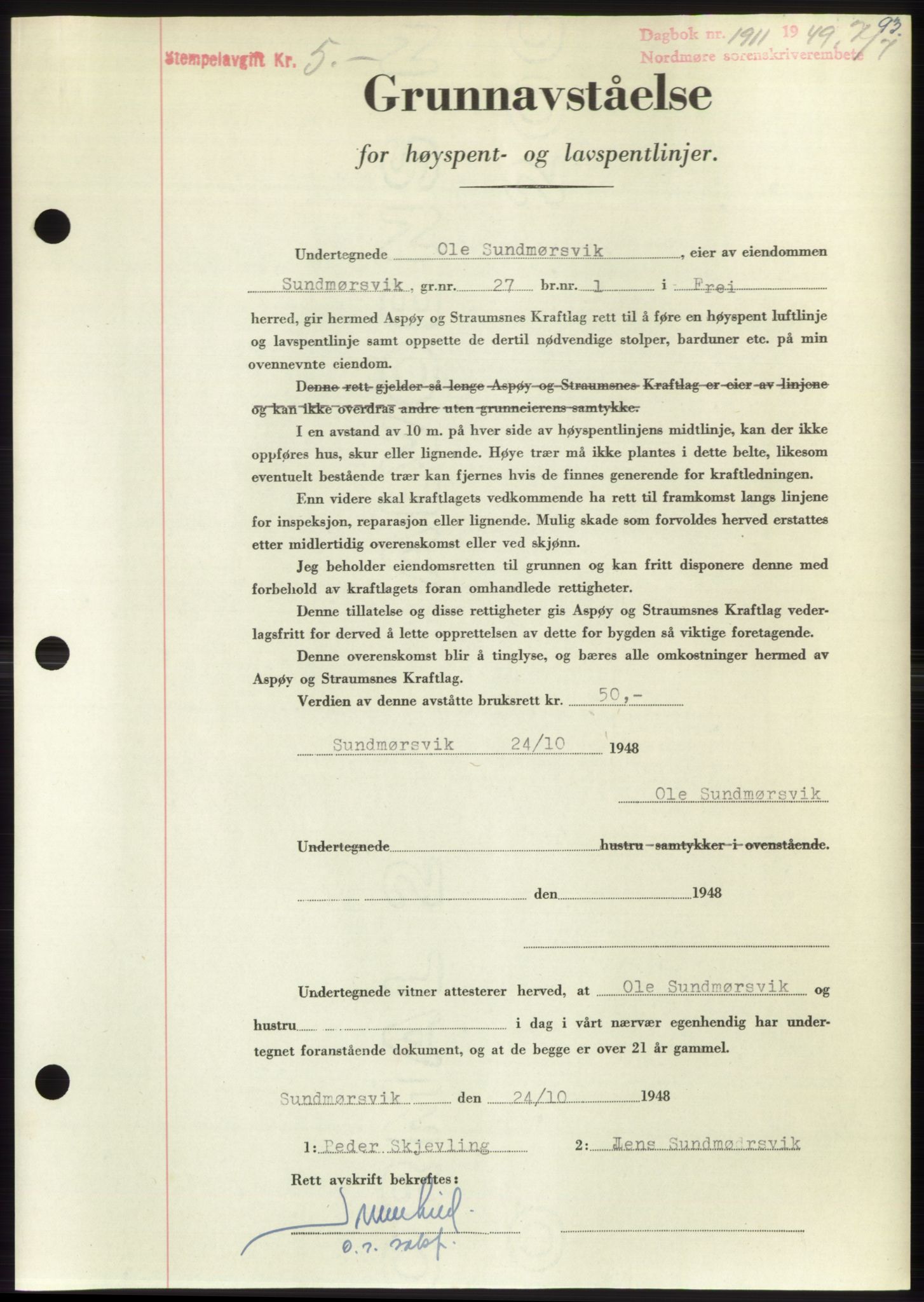 Nordmøre sorenskriveri, AV/SAT-A-4132/1/2/2Ca: Mortgage book no. B102, 1949-1949, Diary no: : 1911/1949