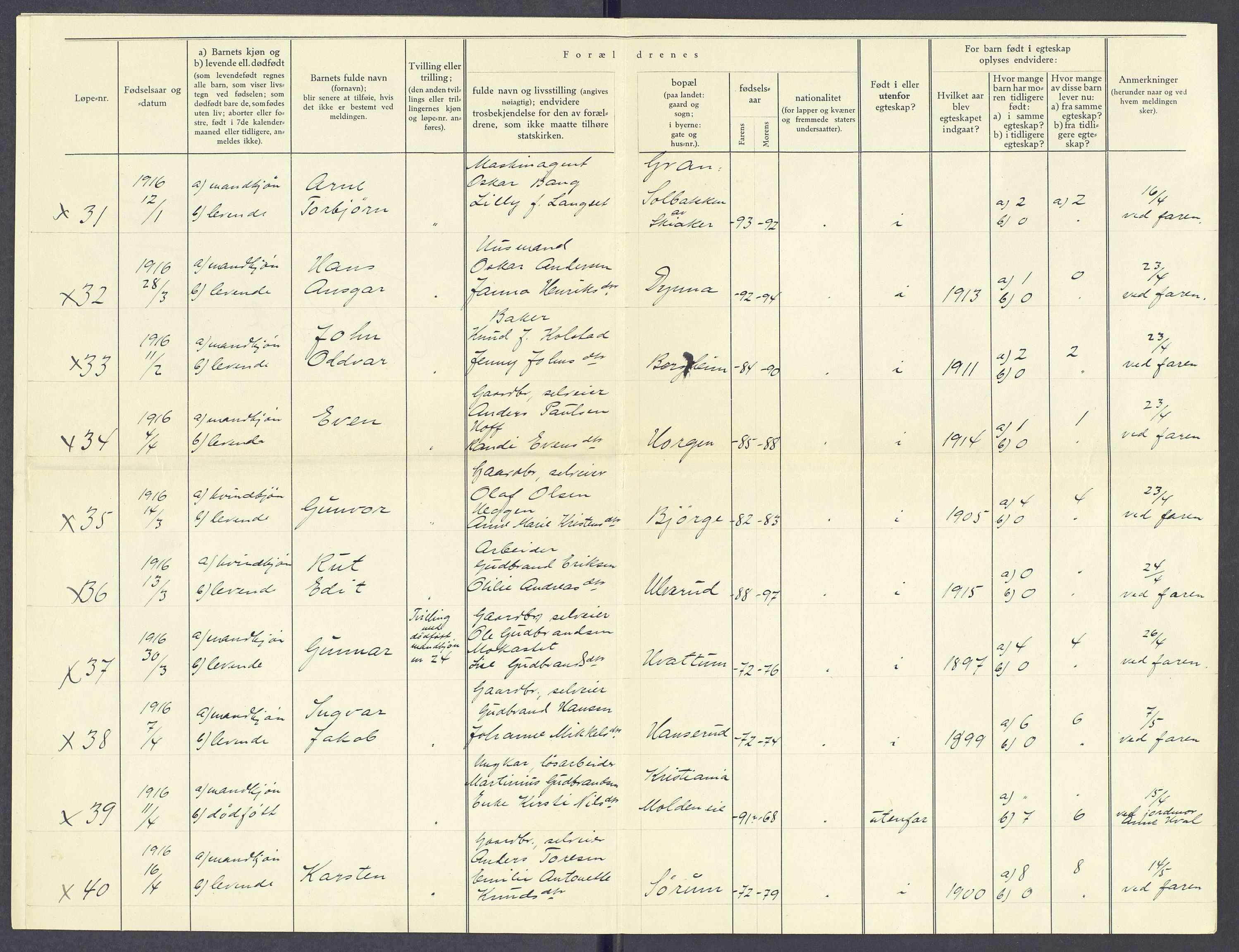 Gran prestekontor, AV/SAH-PREST-112/I/Id: Birth register no. -, 1916-1916