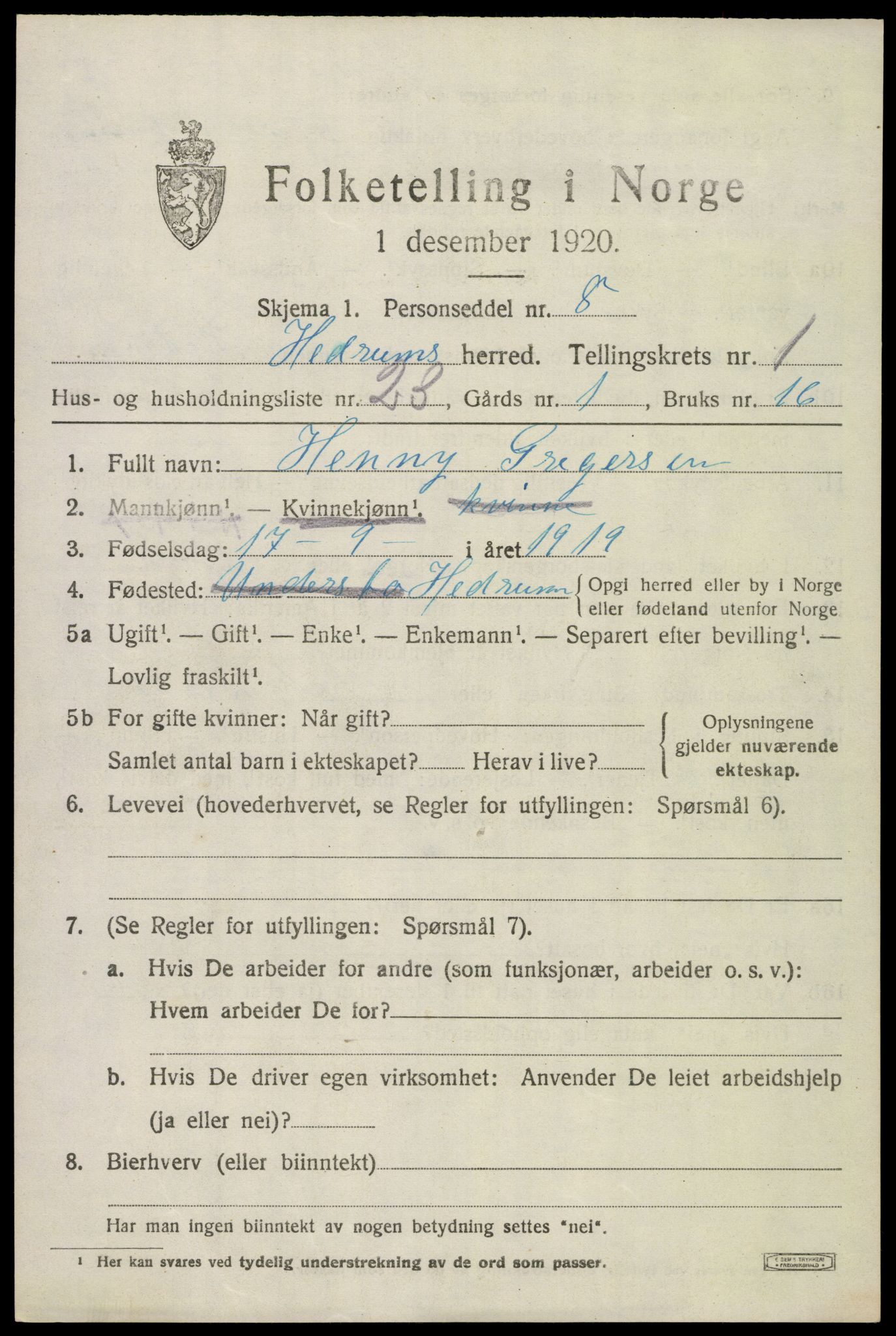 SAKO, 1920 census for Hedrum, 1920, p. 2309