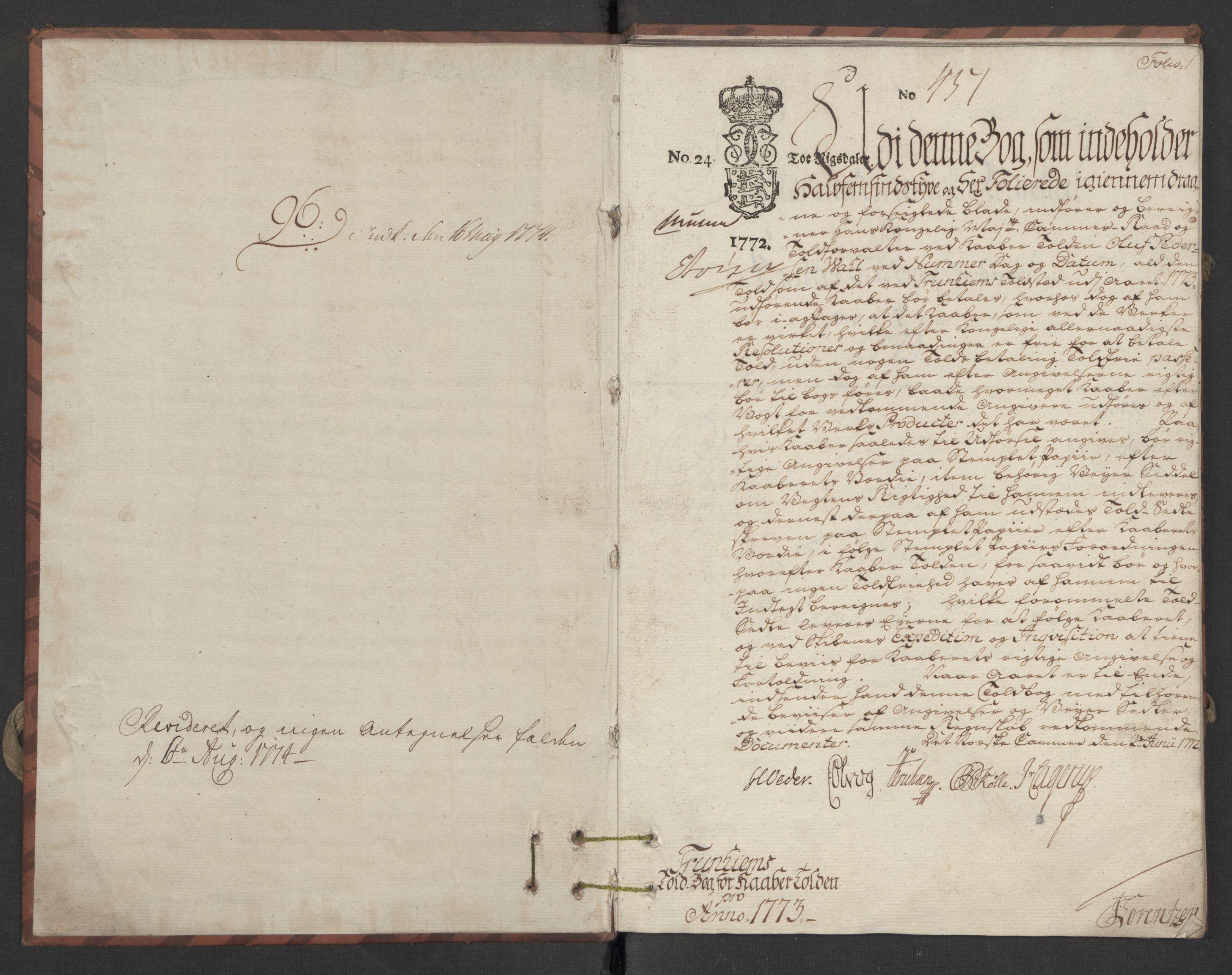 Generaltollkammeret, tollregnskaper, AV/RA-EA-5490/R34/L0023/0001: Koppertollregnskaper Trondheim B / Tollbok for koppertollen, 1773