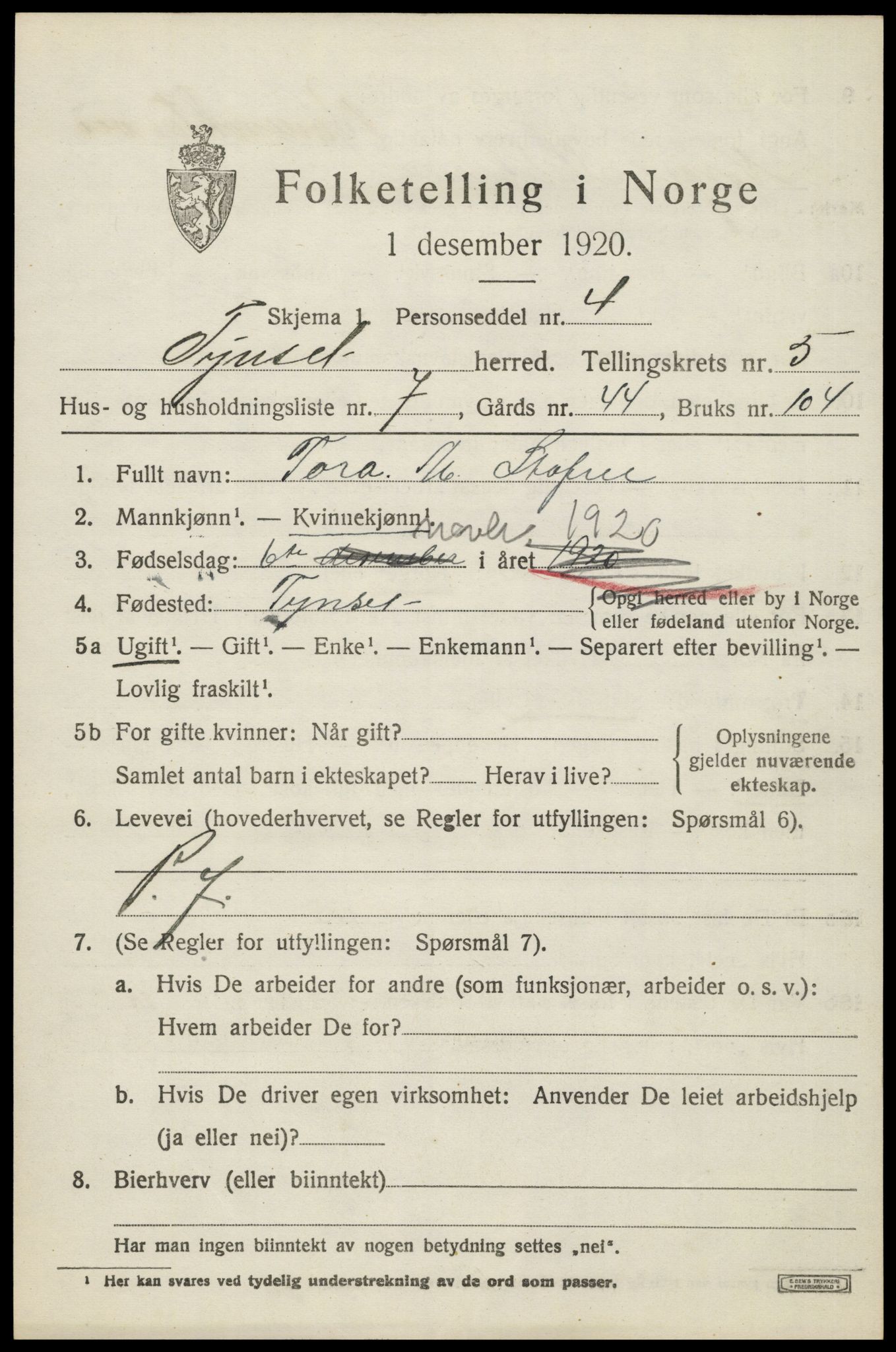 SAH, 1920 census for Tynset, 1920, p. 4190