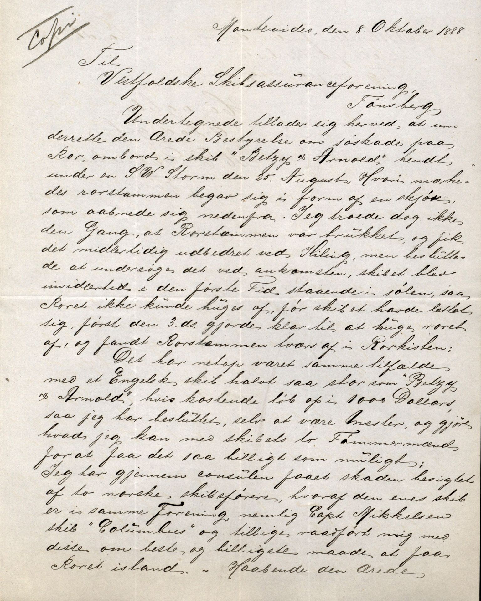 Pa 63 - Østlandske skibsassuranceforening, VEMU/A-1079/G/Ga/L0021/0008: Havaridokumenter / Betsy & Arnold, Bertrand, Brillant, Britania, 1888, p. 2