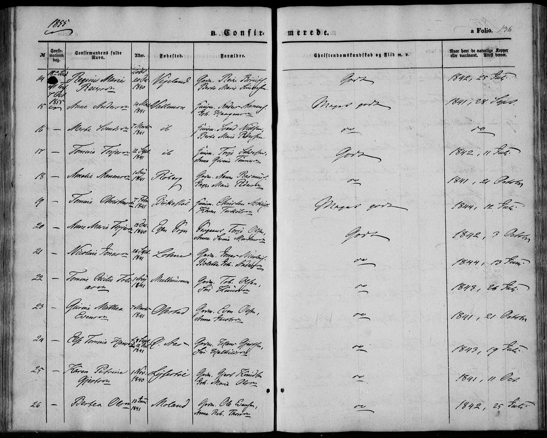 Sør-Audnedal sokneprestkontor, AV/SAK-1111-0039/F/Fa/Fab/L0007: Parish register (official) no. A 7, 1855-1876, p. 136