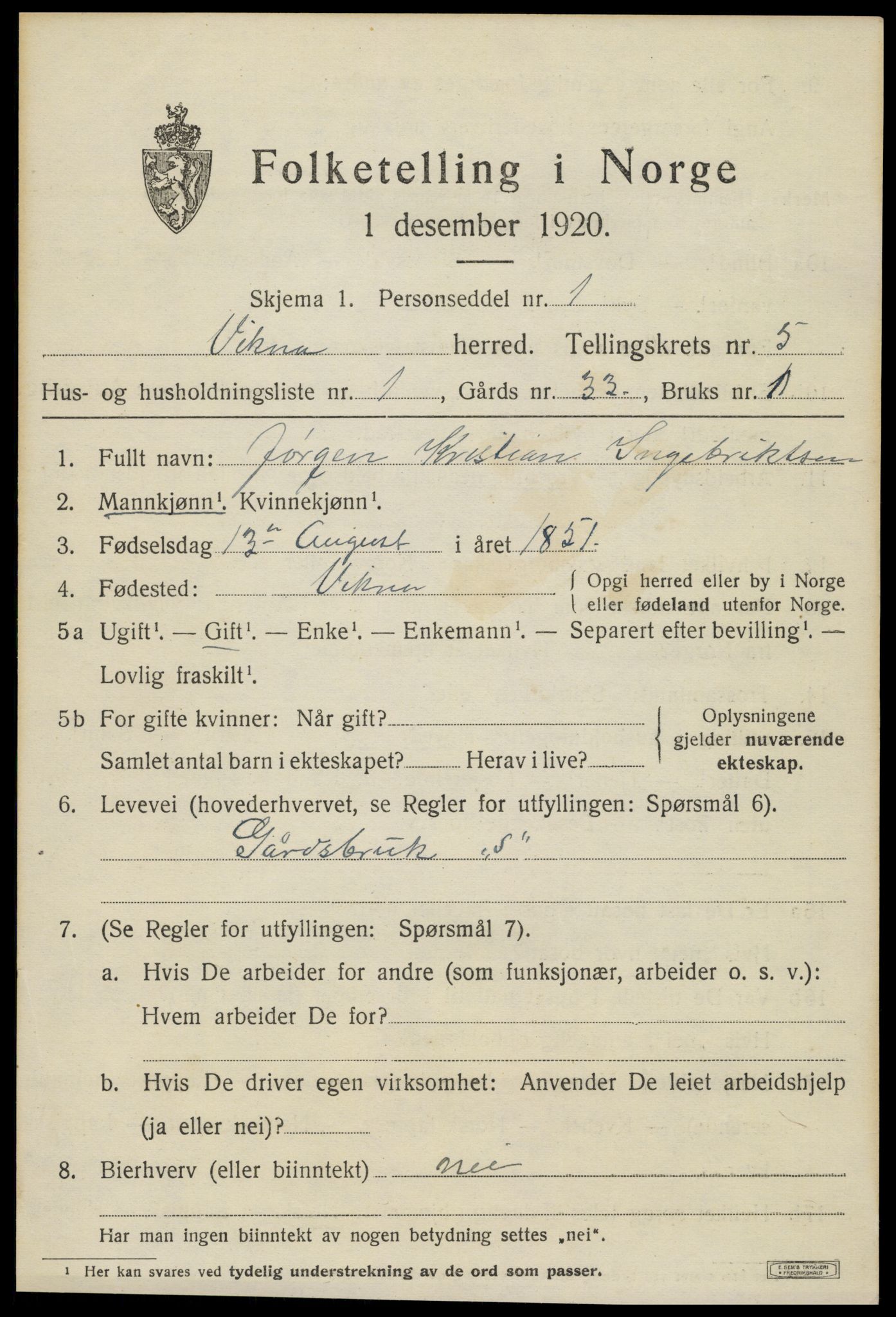 SAT, 1920 census for Vikna, 1920, p. 4619