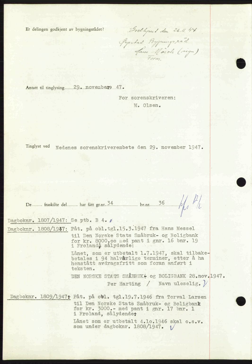 Nedenes sorenskriveri, AV/SAK-1221-0006/G/Gb/Gba/L0058: Mortgage book no. A10, 1947-1948, Diary no: : 1806/1947