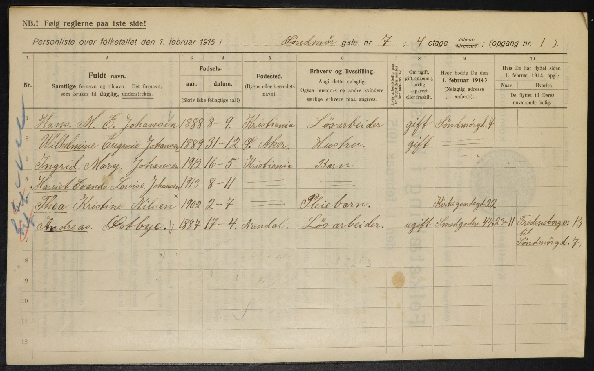 OBA, Municipal Census 1915 for Kristiania, 1915, p. 105012