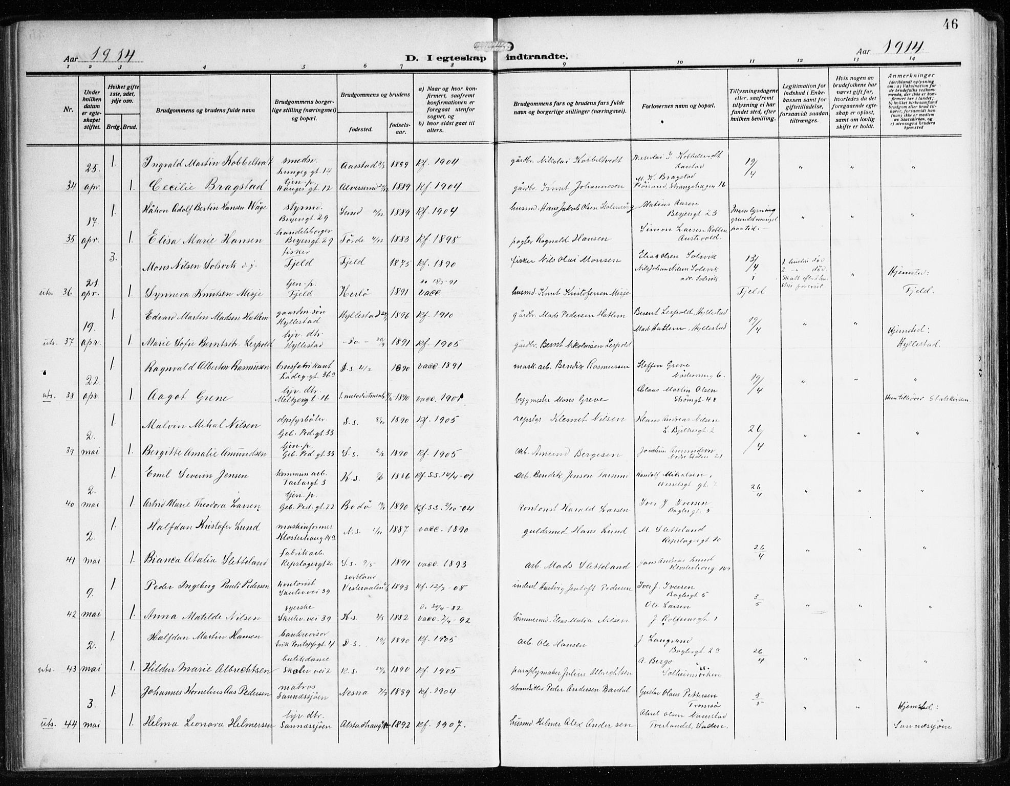 Sandviken Sokneprestembete, AV/SAB-A-77601/H/Ha/L0015: Parish register (official) no. D 2, 1911-1923, p. 46