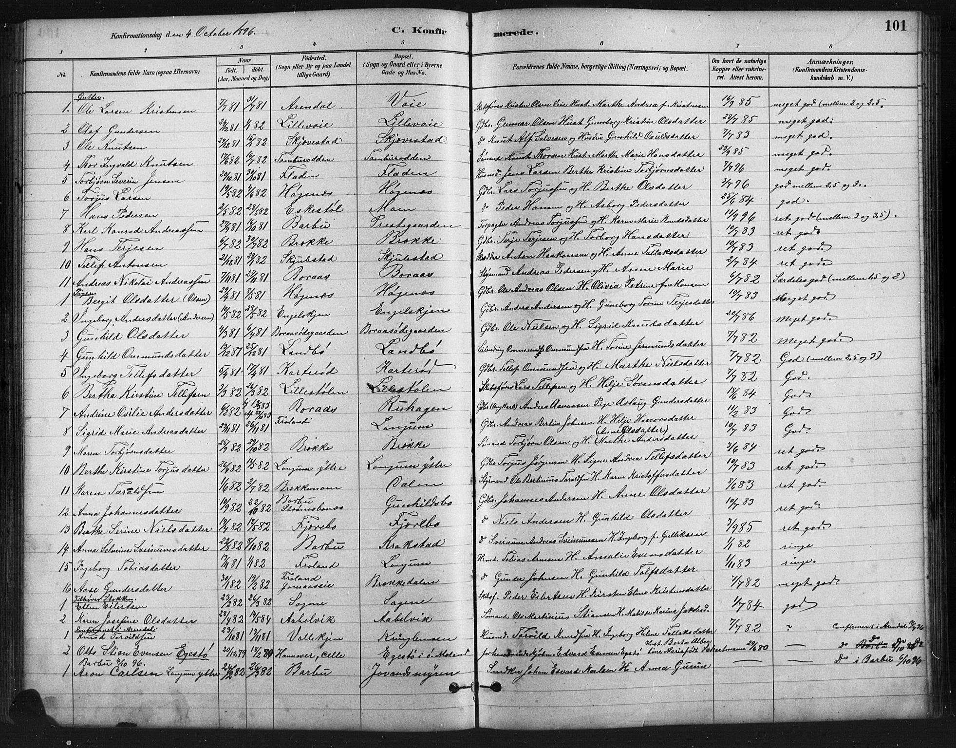 Austre Moland sokneprestkontor, SAK/1111-0001/F/Fb/Fba/L0003: Parish register (copy) no. B 3, 1879-1914, p. 101