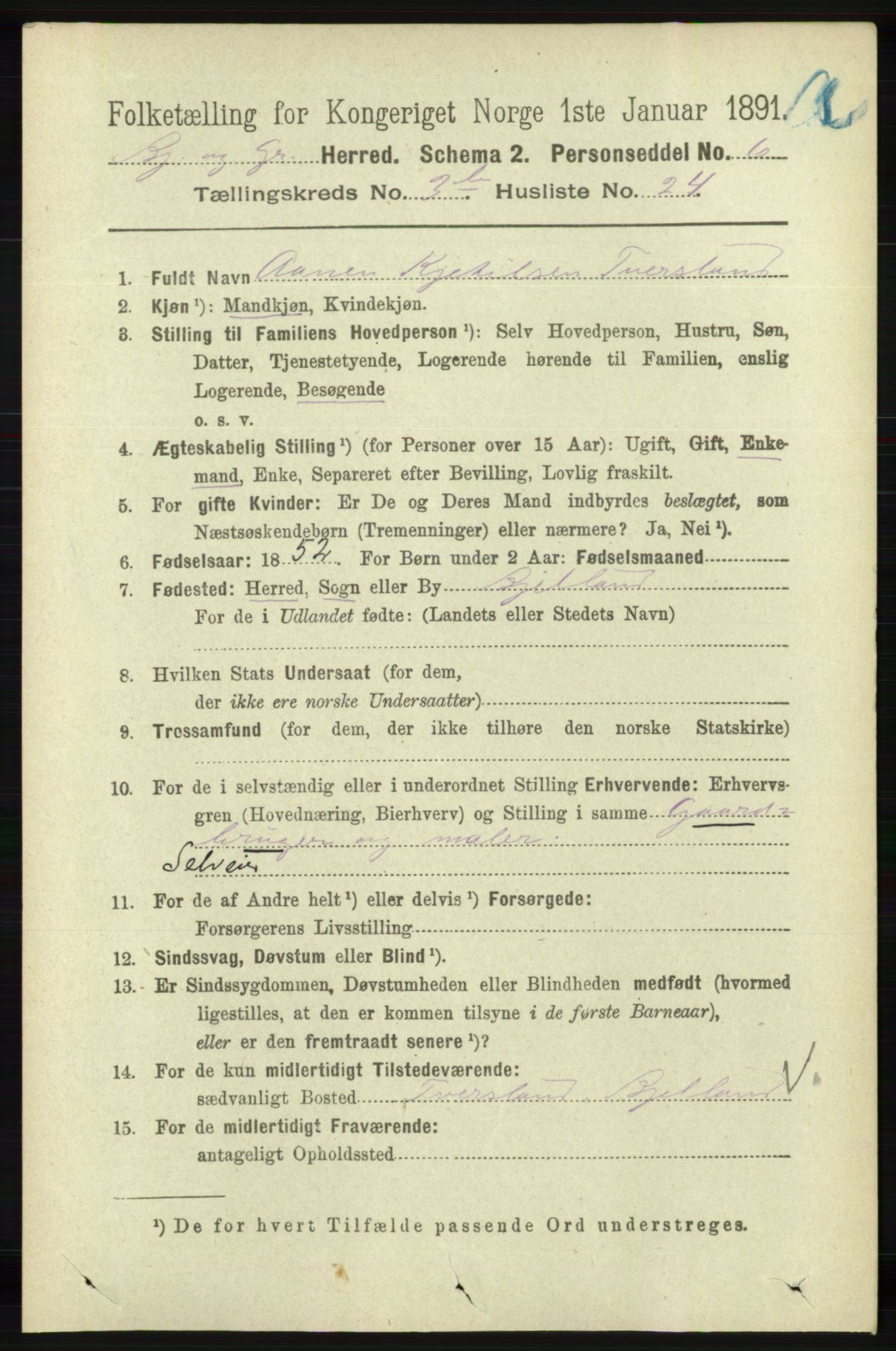 RA, 1891 census for 1024 Bjelland og Grindheim, 1891, p. 1589