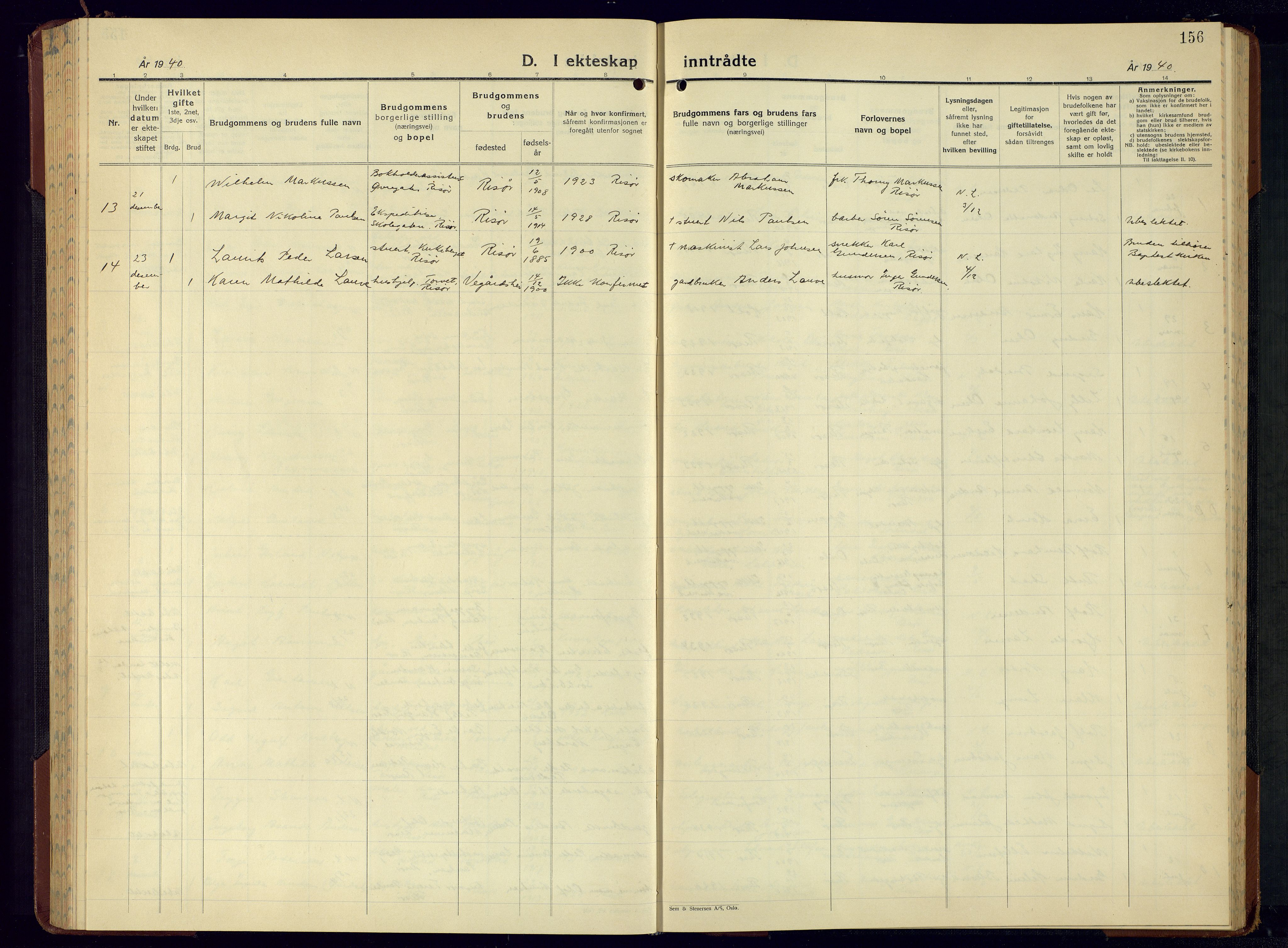 Risør sokneprestkontor, SAK/1111-0035/F/Fb/L0010: Parish register (copy) no. B 10, 1940-1956, p. 156