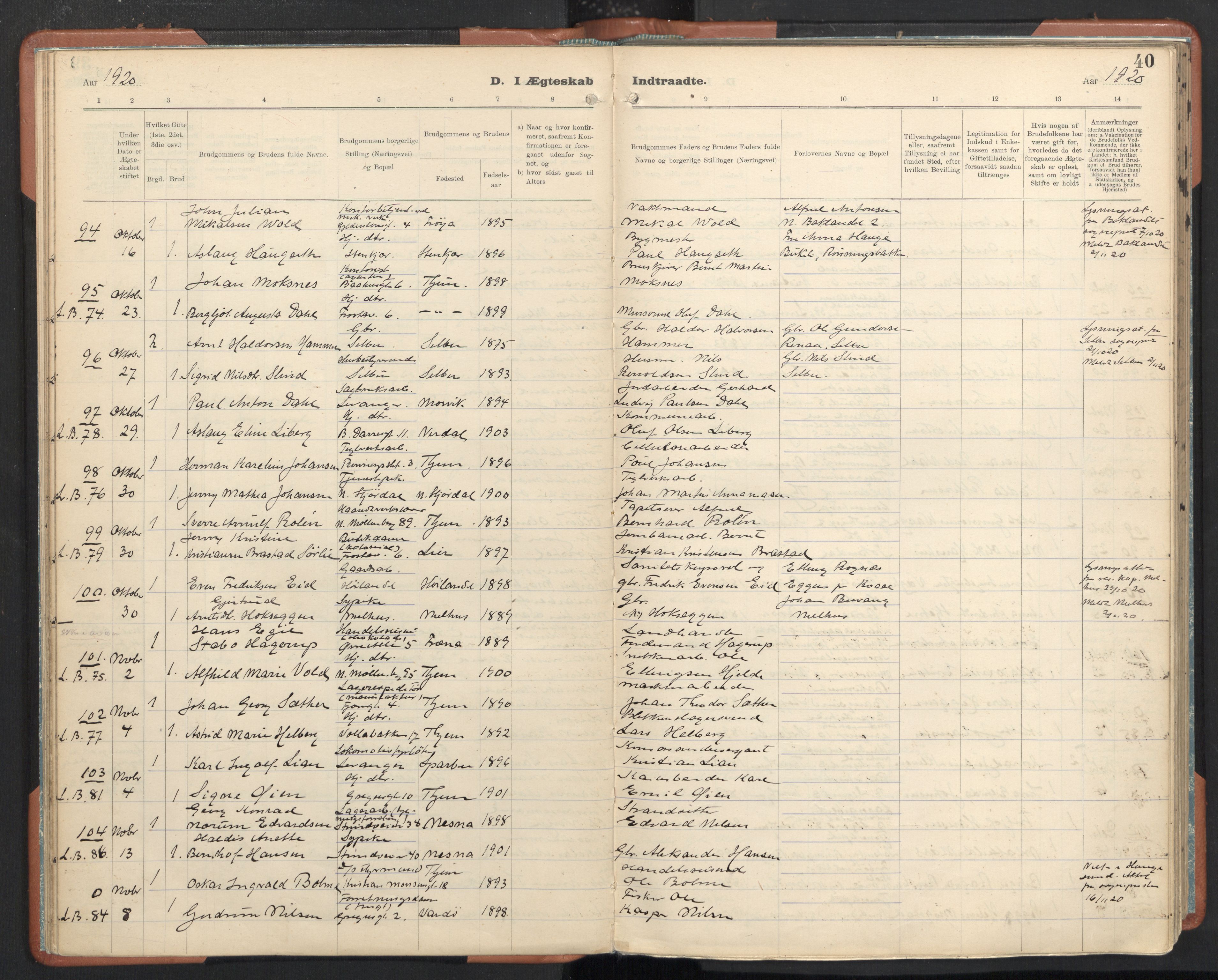 Ministerialprotokoller, klokkerbøker og fødselsregistre - Sør-Trøndelag, SAT/A-1456/605/L0245: Parish register (official) no. 605A07, 1916-1938, p. 40