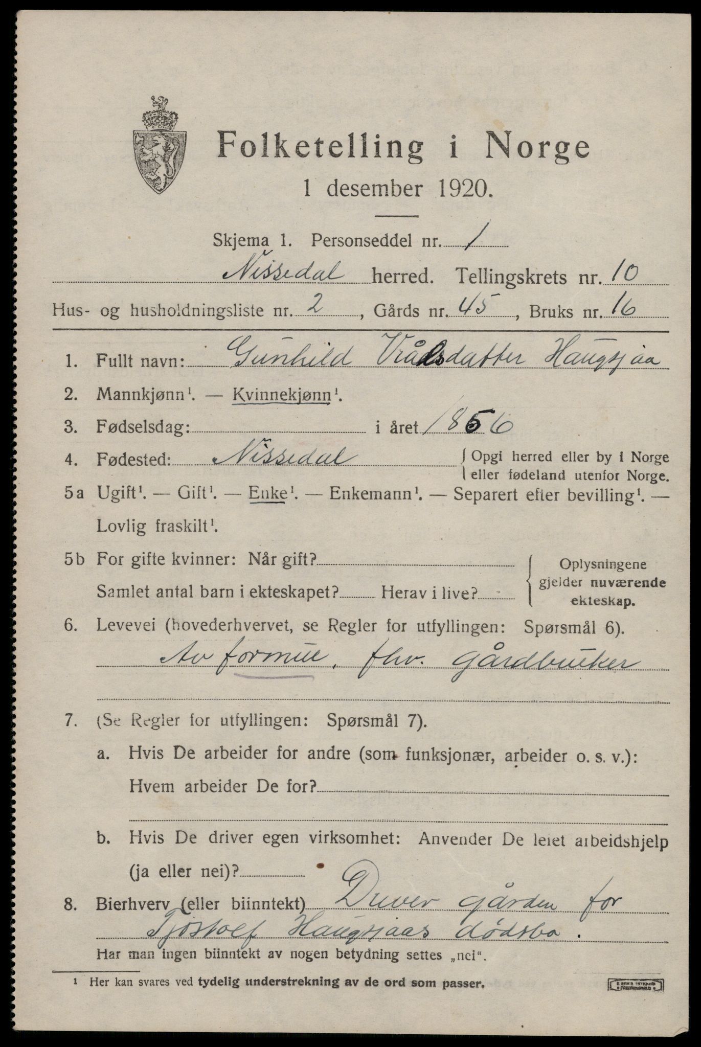 SAKO, 1920 census for Nissedal, 1920, p. 3897