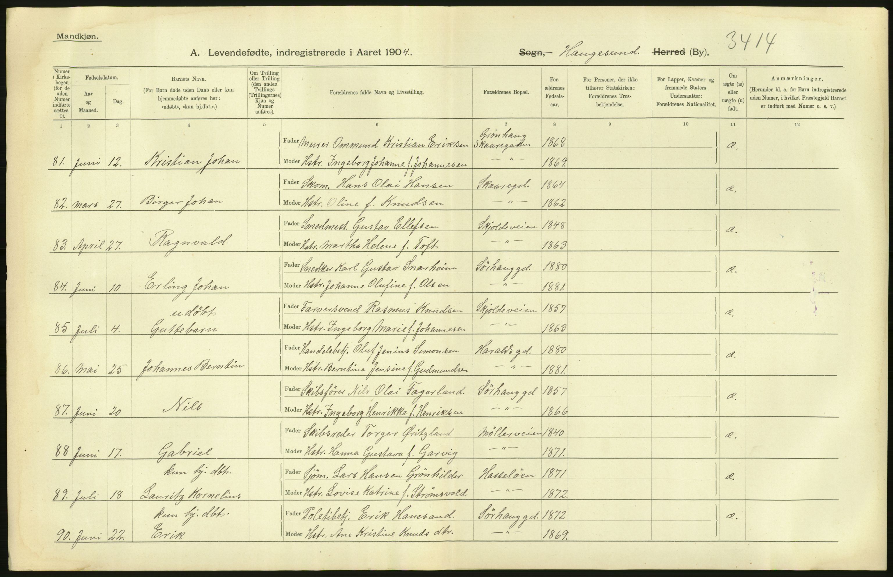 Statistisk sentralbyrå, Sosiodemografiske emner, Befolkning, AV/RA-S-2228/D/Df/Dfa/Dfab/L0012: Stavanger amt: Fødte, gifte, døde, 1904, p. 18