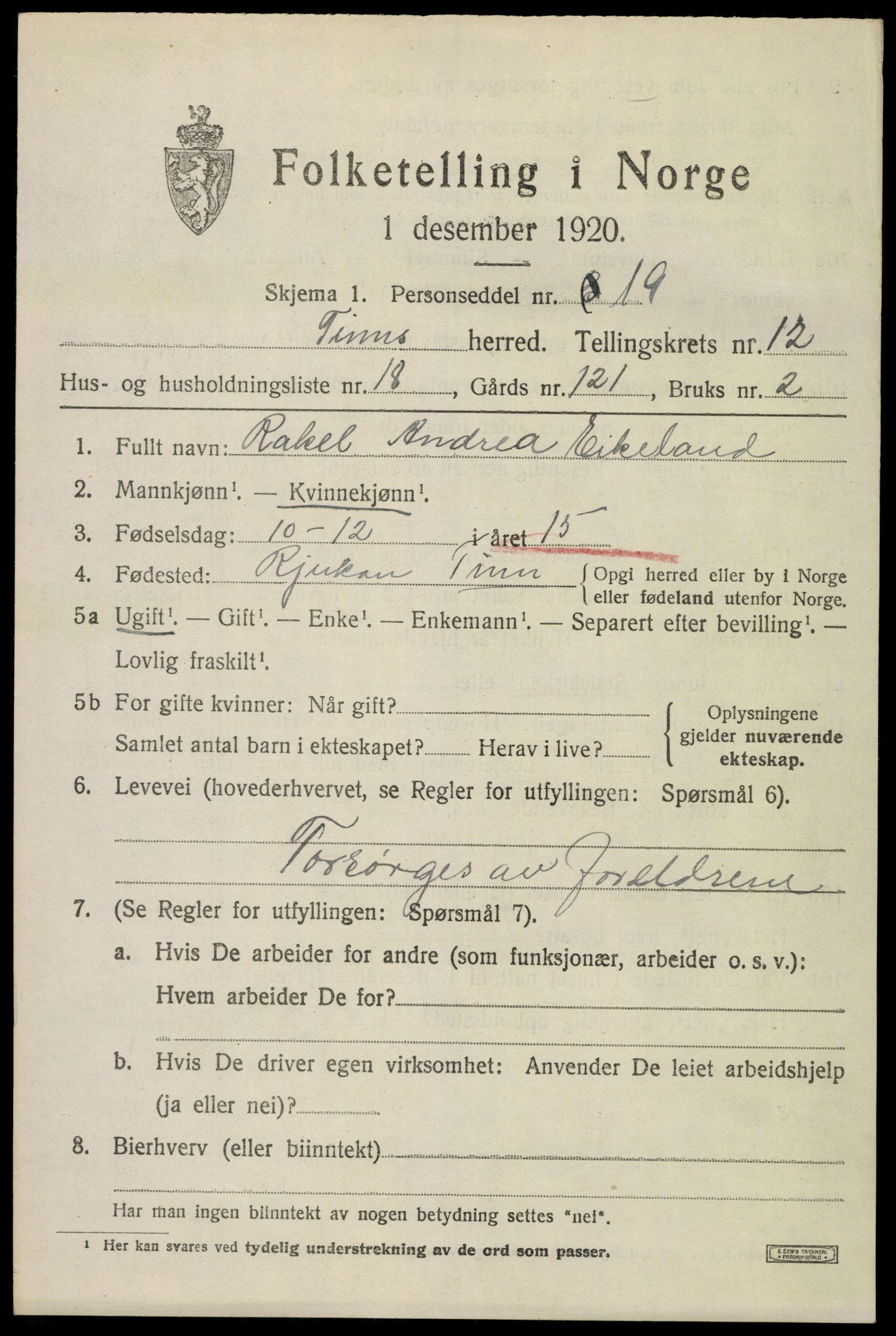 SAKO, 1920 census for Tinn, 1920, p. 7938