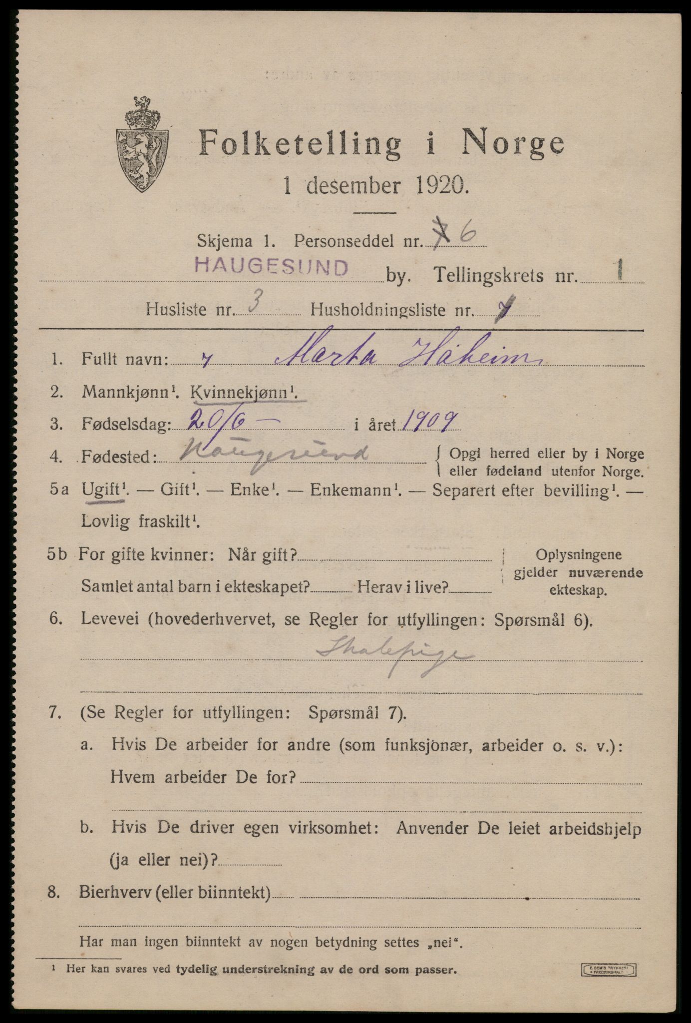 SAST, 1920 census for Haugesund, 1920, p. 11559