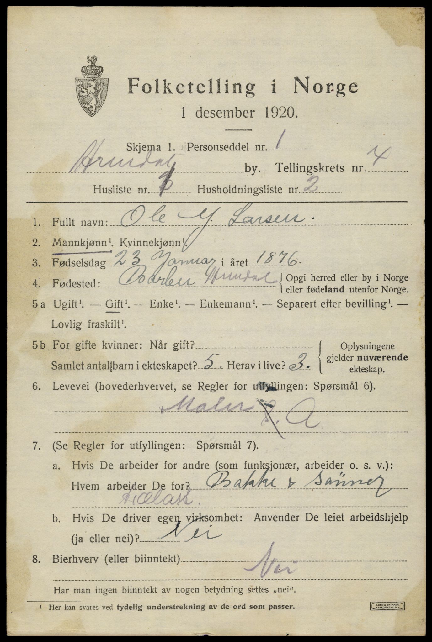 SAK, 1920 census for Arendal, 1920, p. 11614