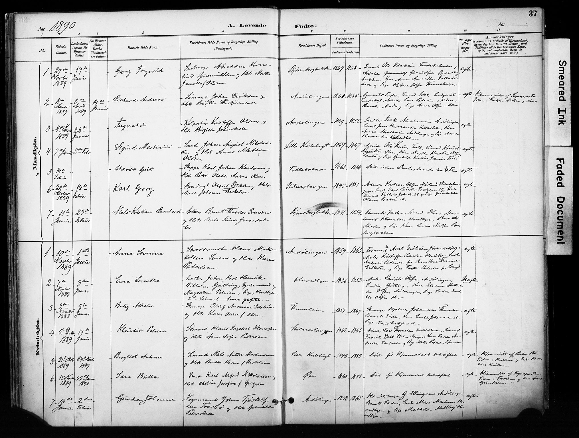 Kragerø kirkebøker, SAKO/A-278/F/Fa/L0013: Parish register (official) no. 13, 1887-1915, p. 37