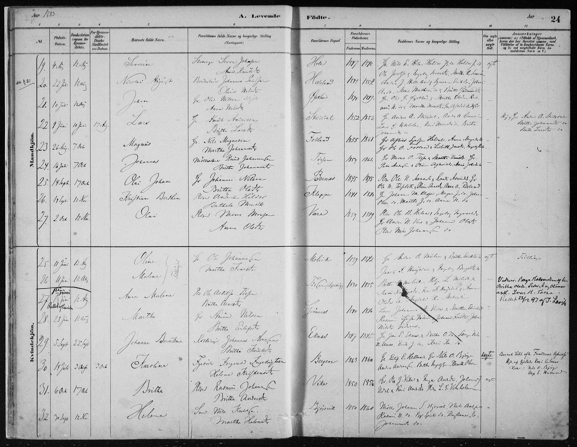 Hosanger sokneprestembete, AV/SAB-A-75801/H/Haa: Parish register (official) no. B  1, 1880-1896, p. 24