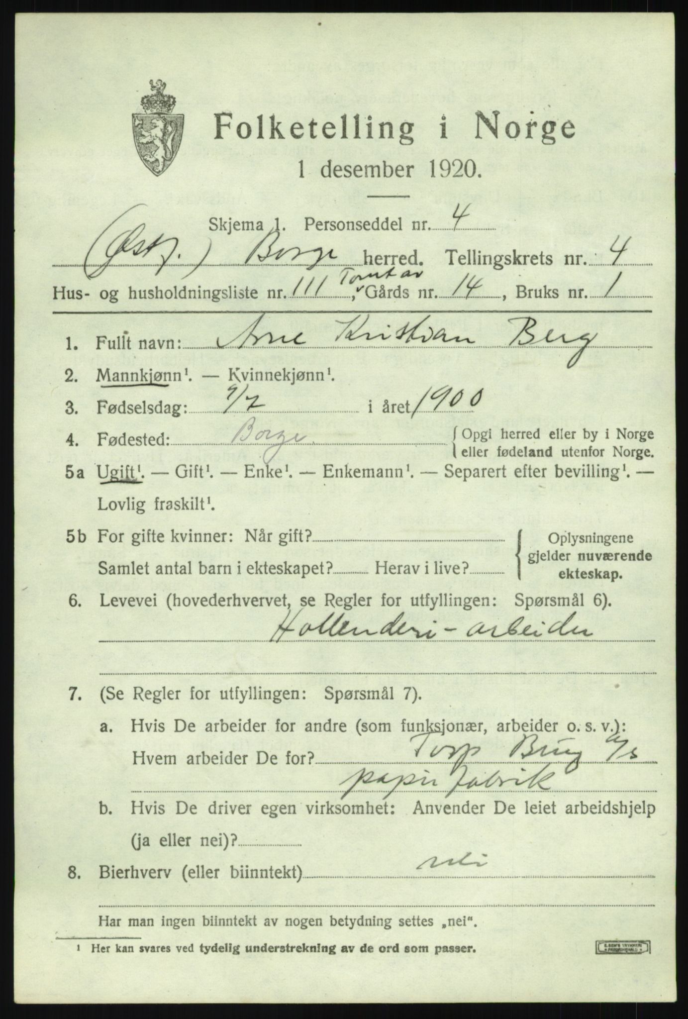 SAO, 1920 census for Borge, 1920, p. 9231