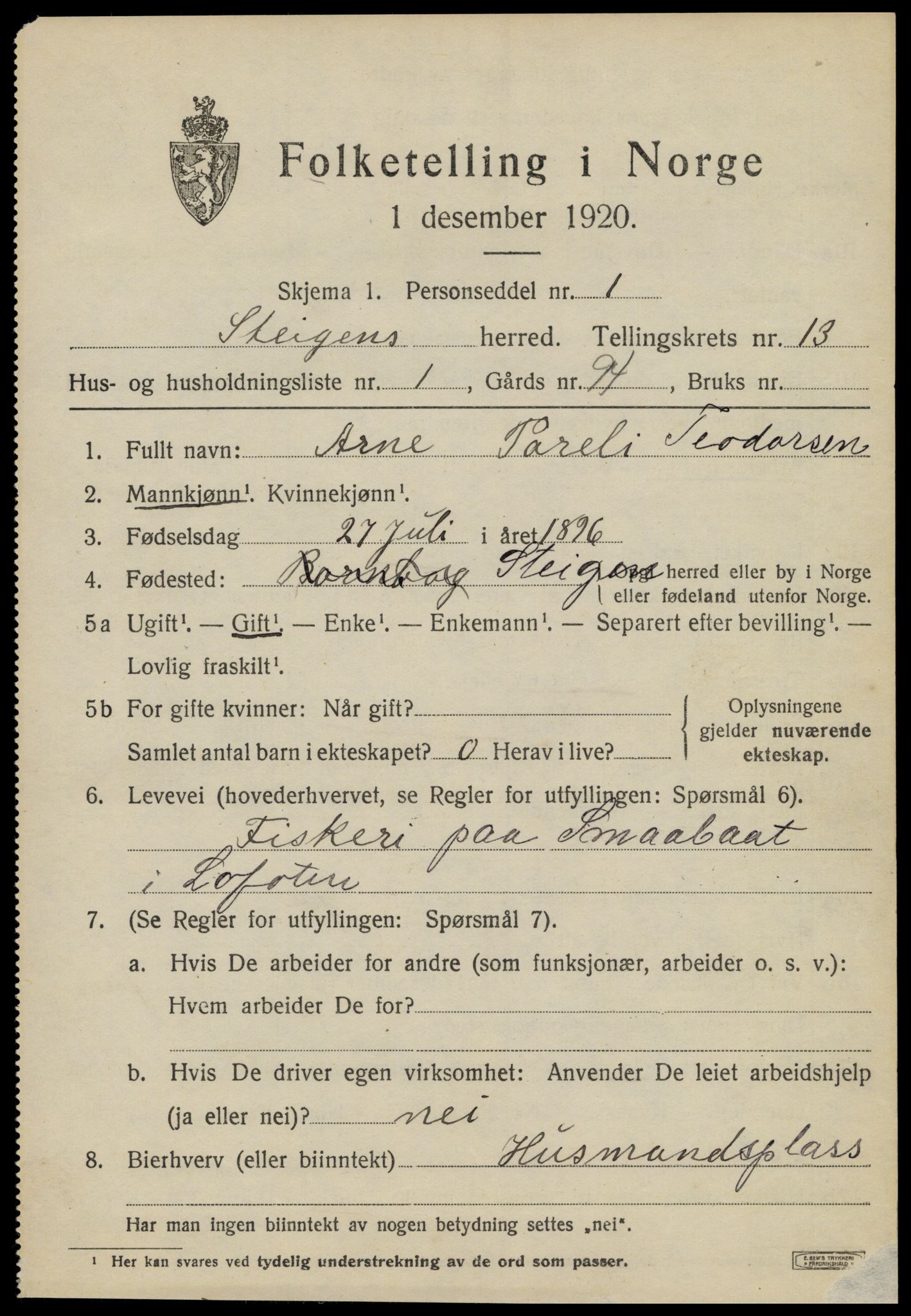 SAT, 1920 census for Steigen, 1920, p. 4944