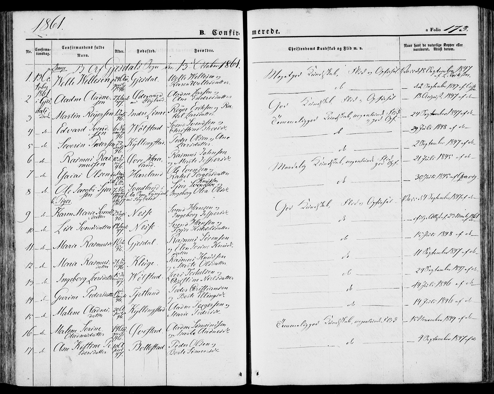 Lye sokneprestkontor, SAST/A-101794/001/30BA/L0007: Parish register (official) no. A 6, 1856-1871, p. 173