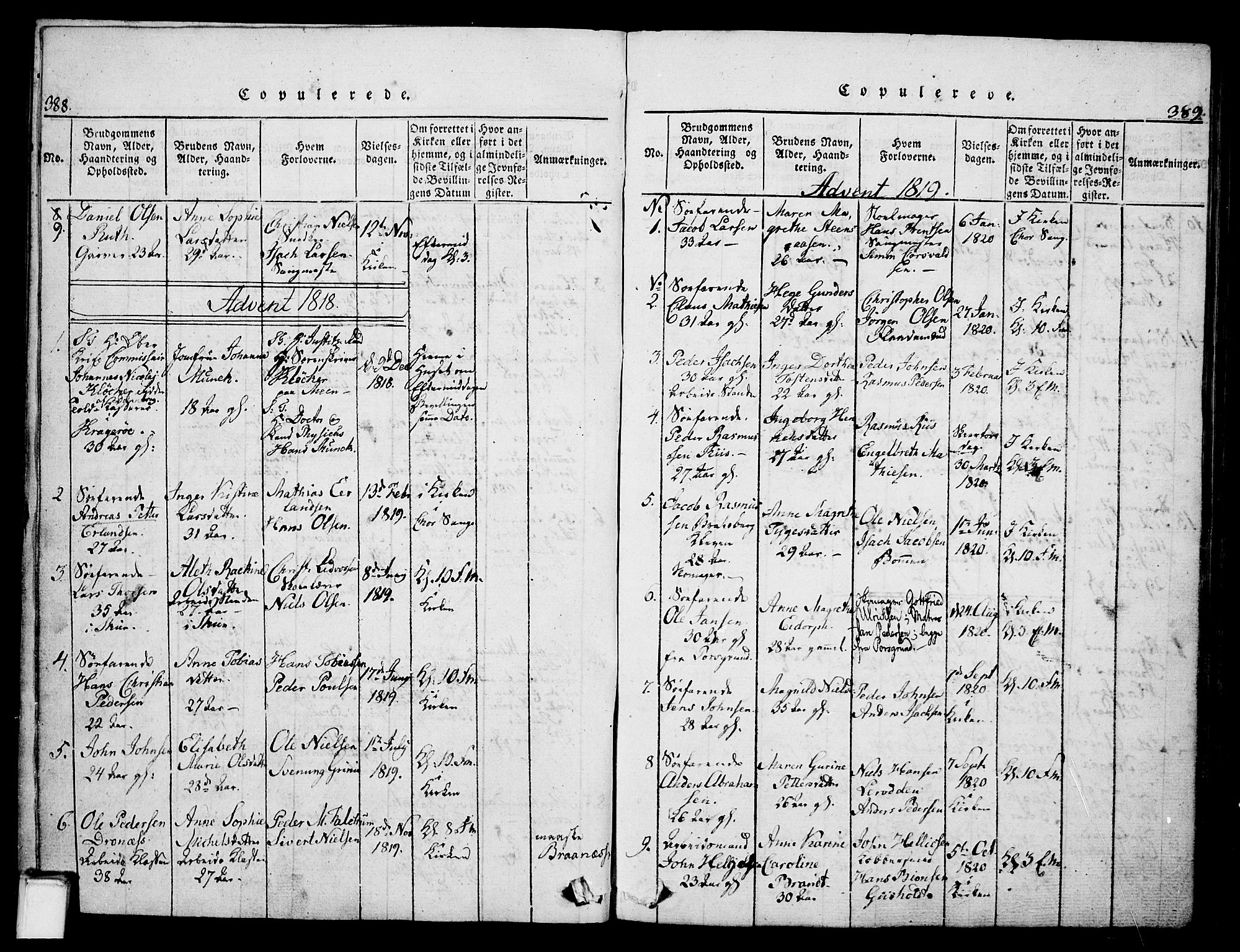 Skien kirkebøker, AV/SAKO-A-302/G/Ga/L0002: Parish register (copy) no. 2, 1814-1842, p. 388-389