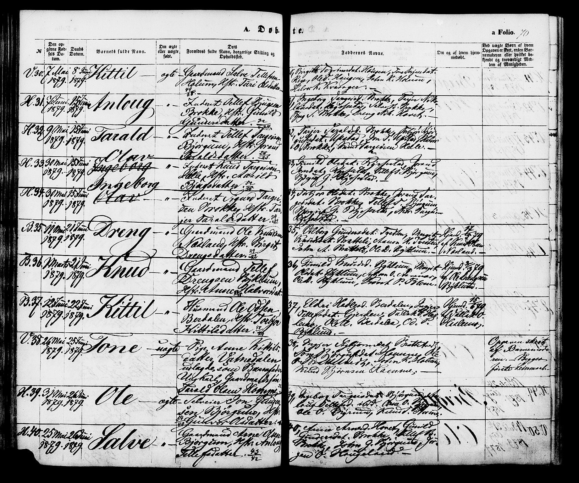 Valle sokneprestkontor, AV/SAK-1111-0044/F/Fa/Fac/L0008: Parish register (official) no. A 8, 1868-1882, p. 70