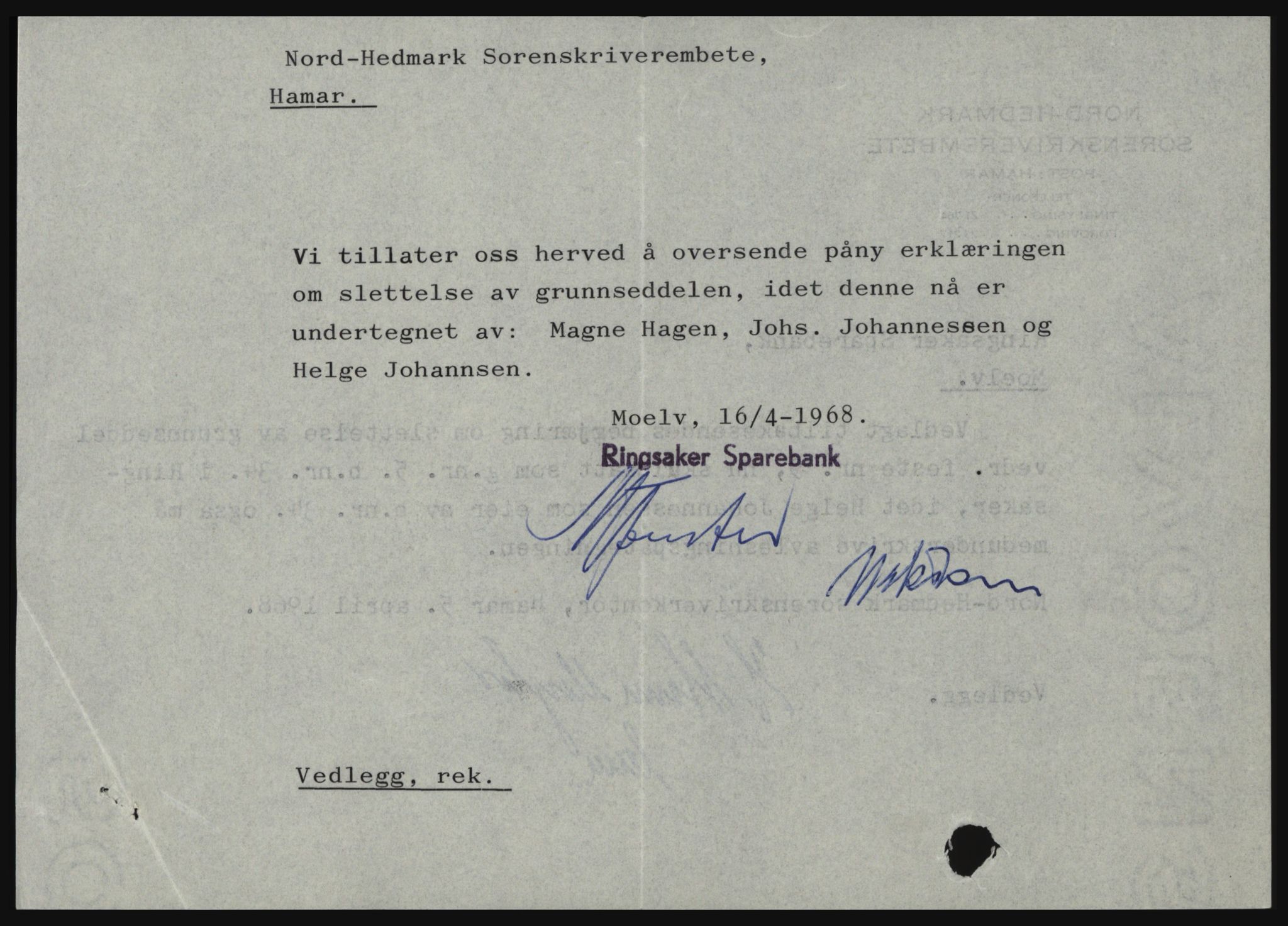 Nord-Hedmark sorenskriveri, SAH/TING-012/H/Hc/L0027: Mortgage book no. 27, 1967-1968, Diary no: : 1599/1968
