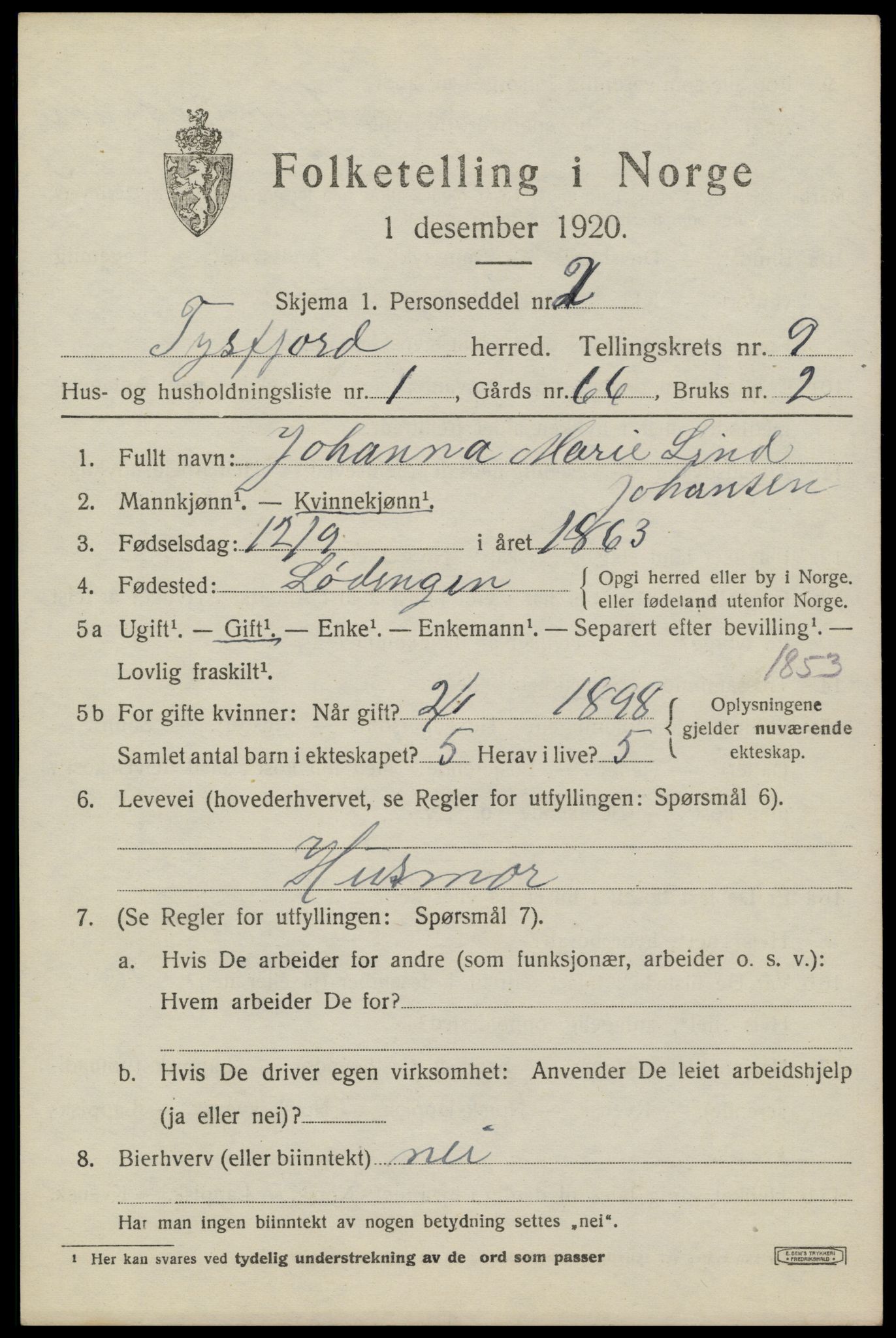 SAT, 1920 census for Tysfjord, 1920, p. 6261