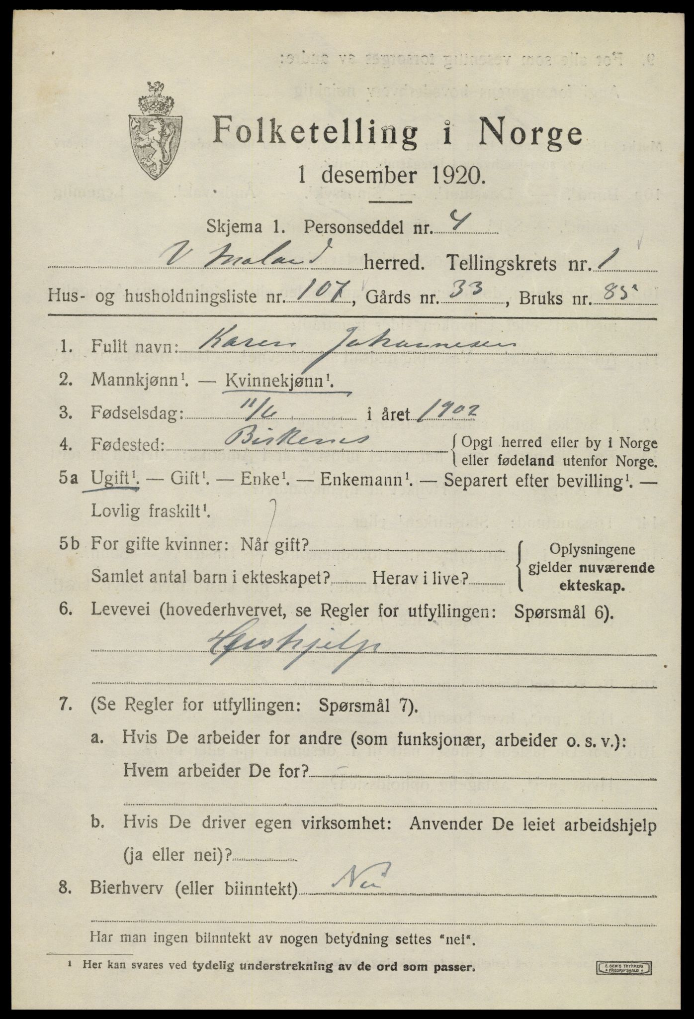 SAK, 1920 census for Vestre Moland, 1920, p. 2043