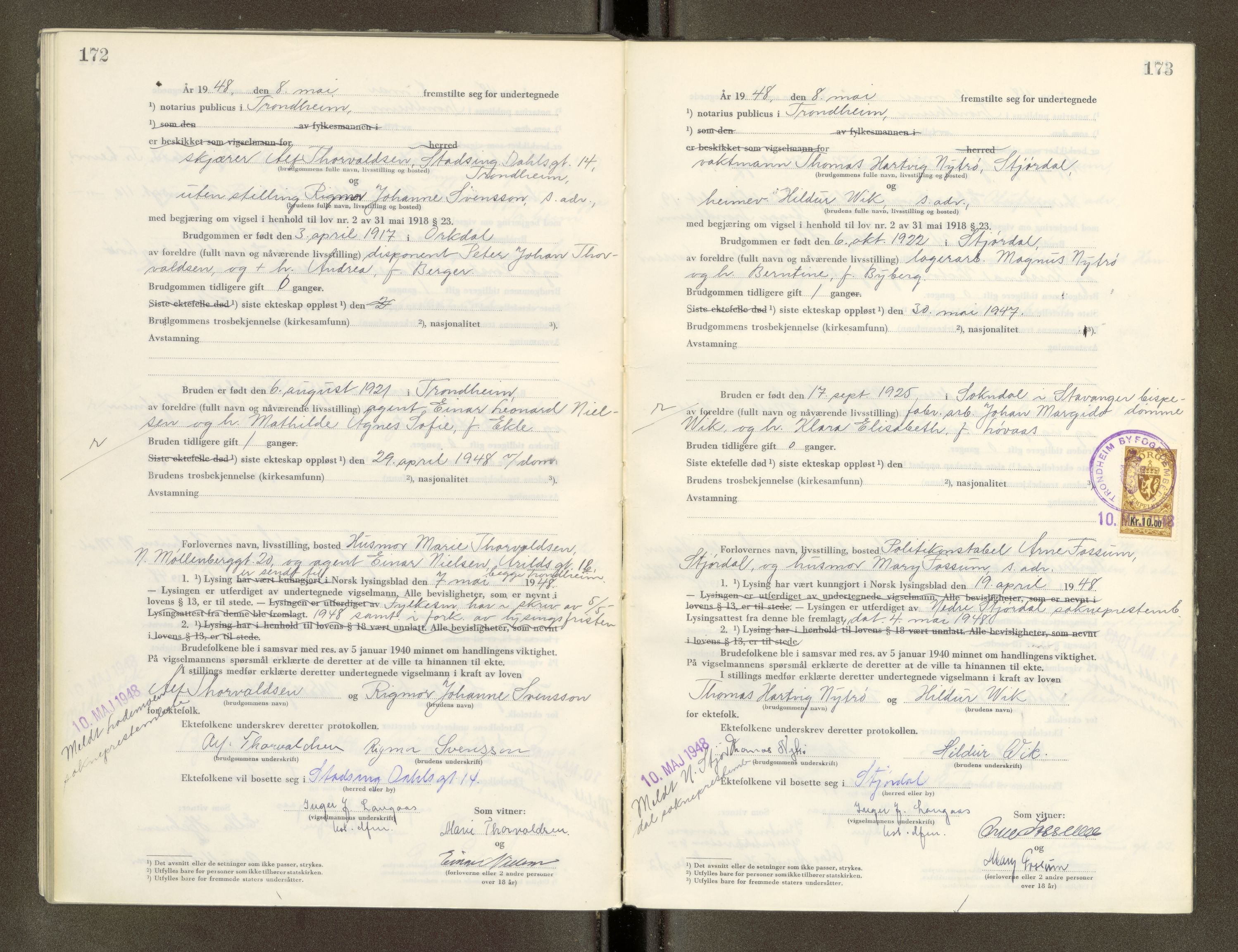 Trondheim byfogd, AV/SAT-A-0003/1/6/6D/L0005: Vigselbøker, 1944-1948, p. 172-173