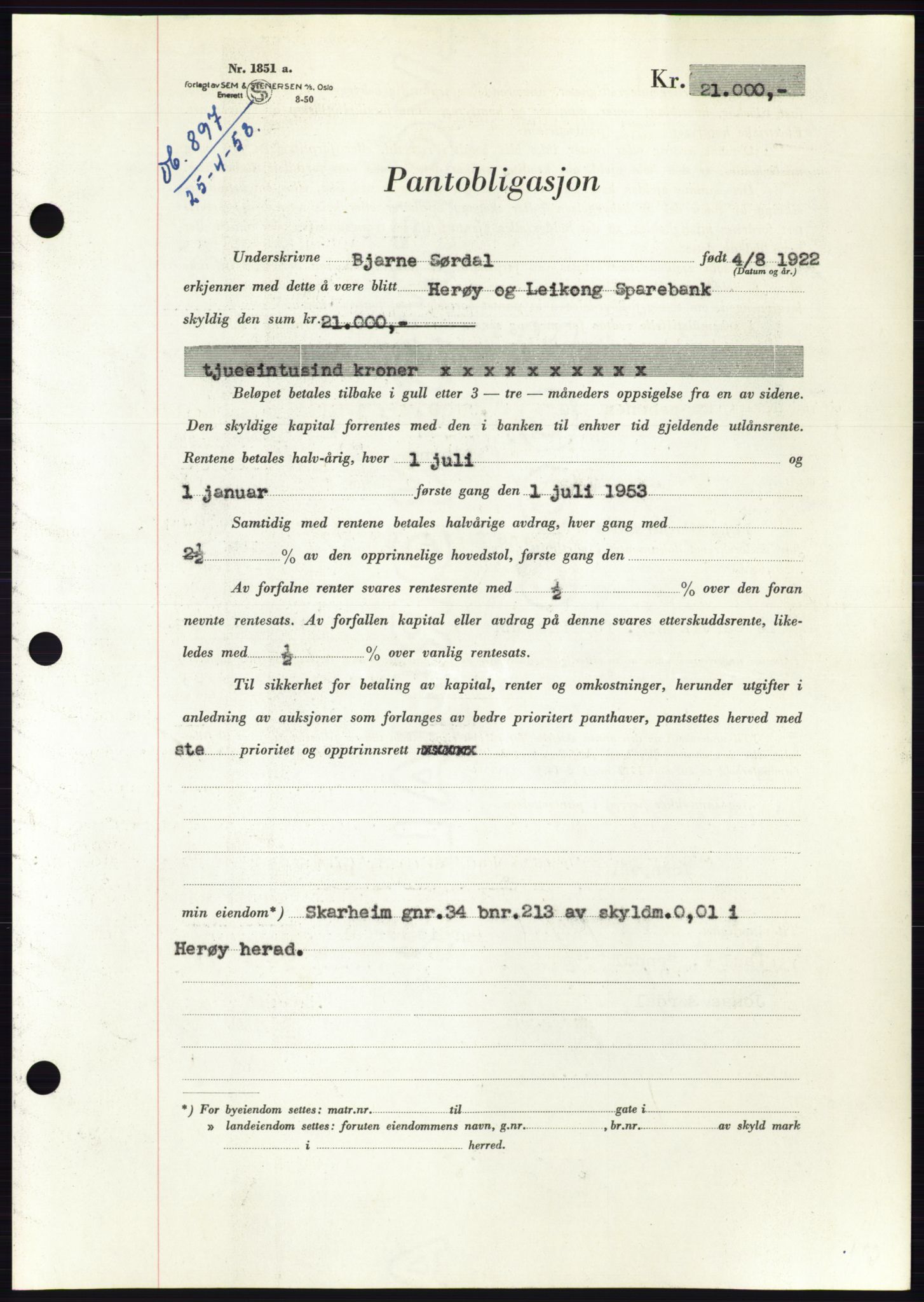 Søre Sunnmøre sorenskriveri, SAT/A-4122/1/2/2C/L0123: Mortgage book no. 11B, 1953-1953, Diary no: : 897/1953