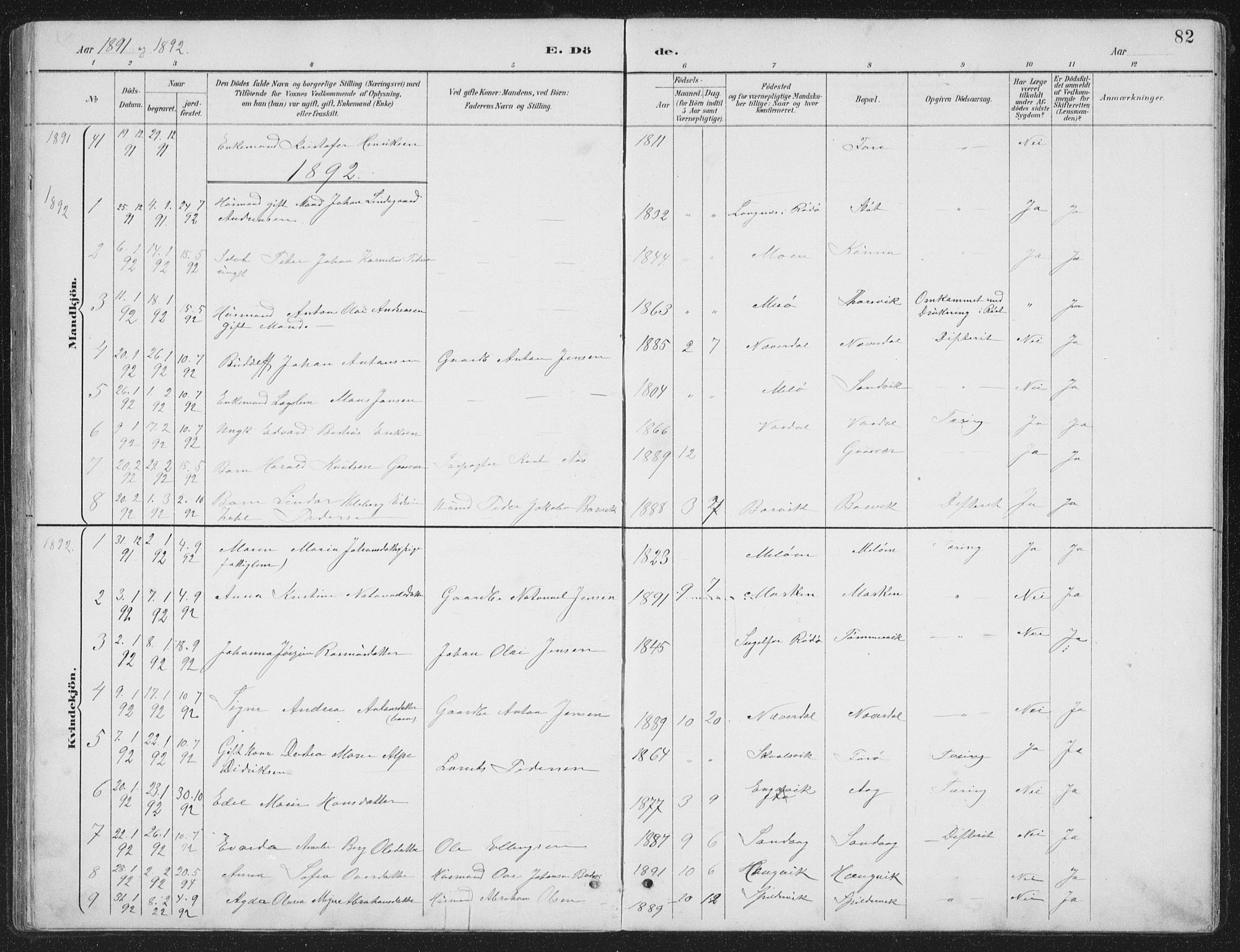 Ministerialprotokoller, klokkerbøker og fødselsregistre - Nordland, SAT/A-1459/843/L0638: Parish register (copy) no. 843C07, 1888-1907, p. 82