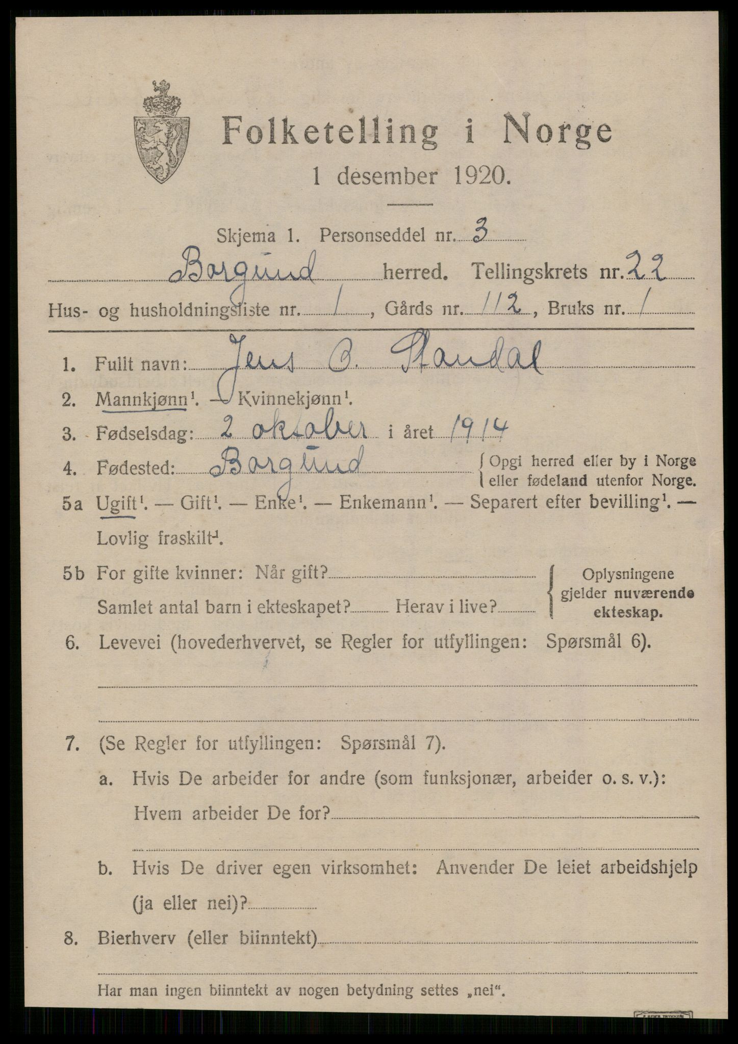 SAT, 1920 census for Borgund, 1920, p. 15060