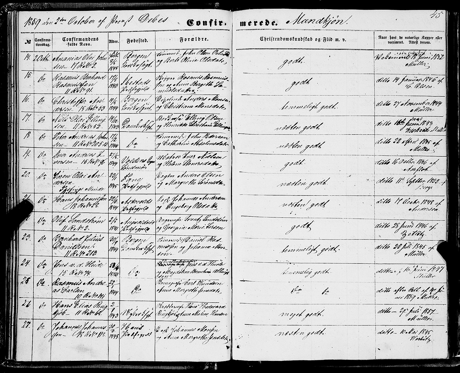 Domkirken sokneprestembete, AV/SAB-A-74801/H/Haa/L0028: Parish register (official) no. C 3, 1852-1864, p. 45