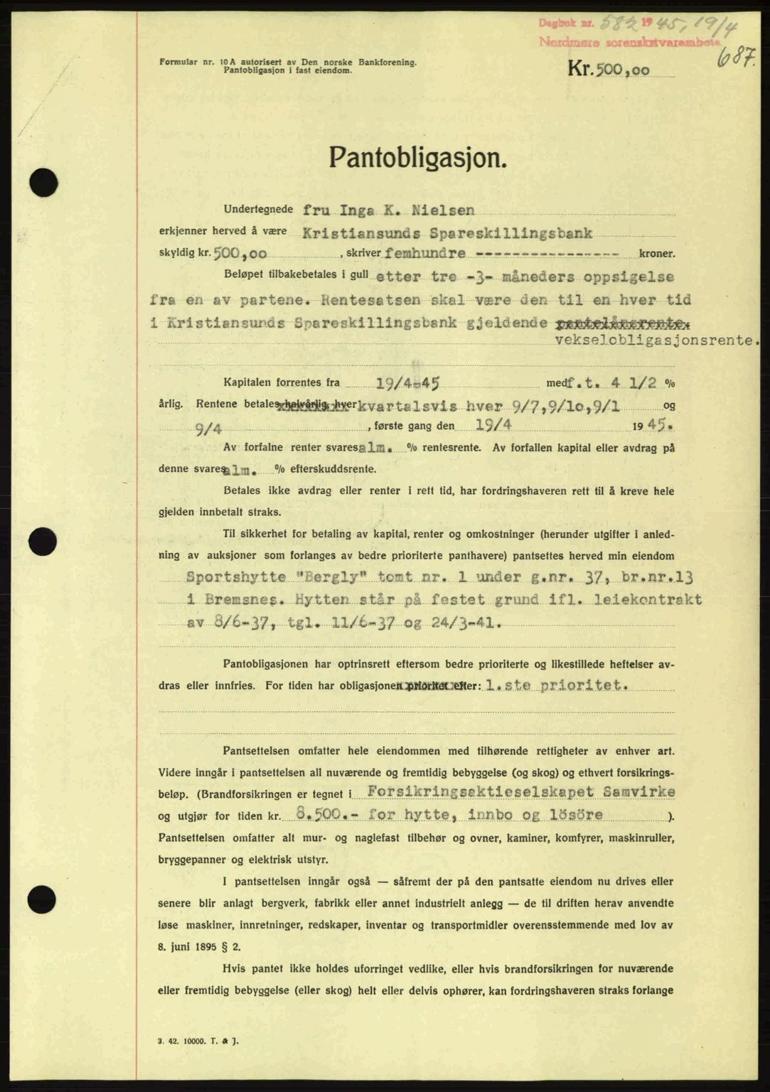 Nordmøre sorenskriveri, AV/SAT-A-4132/1/2/2Ca: Mortgage book no. B92, 1944-1945, Diary no: : 582/1945