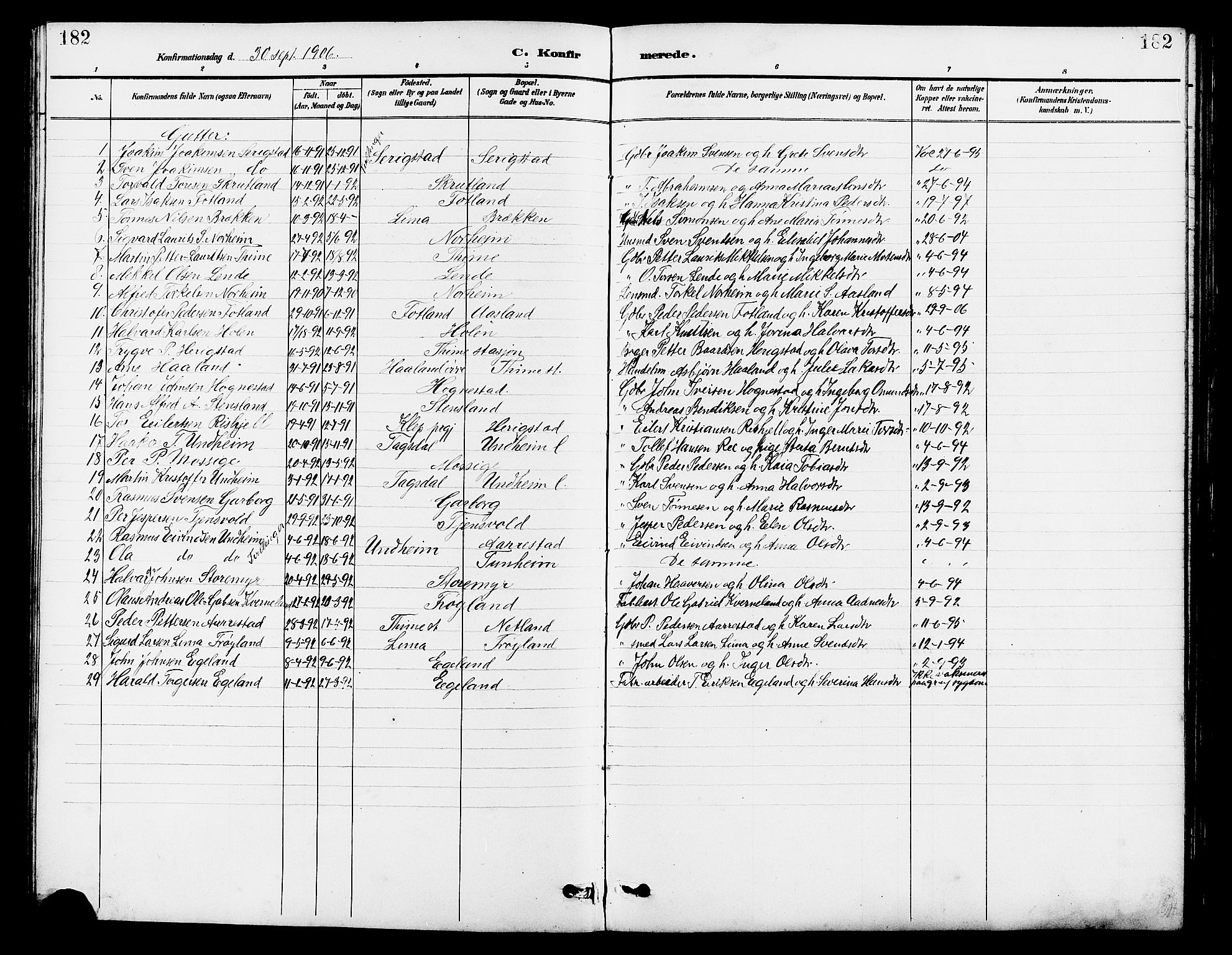 Lye sokneprestkontor, SAST/A-101794/001/30BB/L0007: Parish register (copy) no. B 8, 1889-1909, p. 182