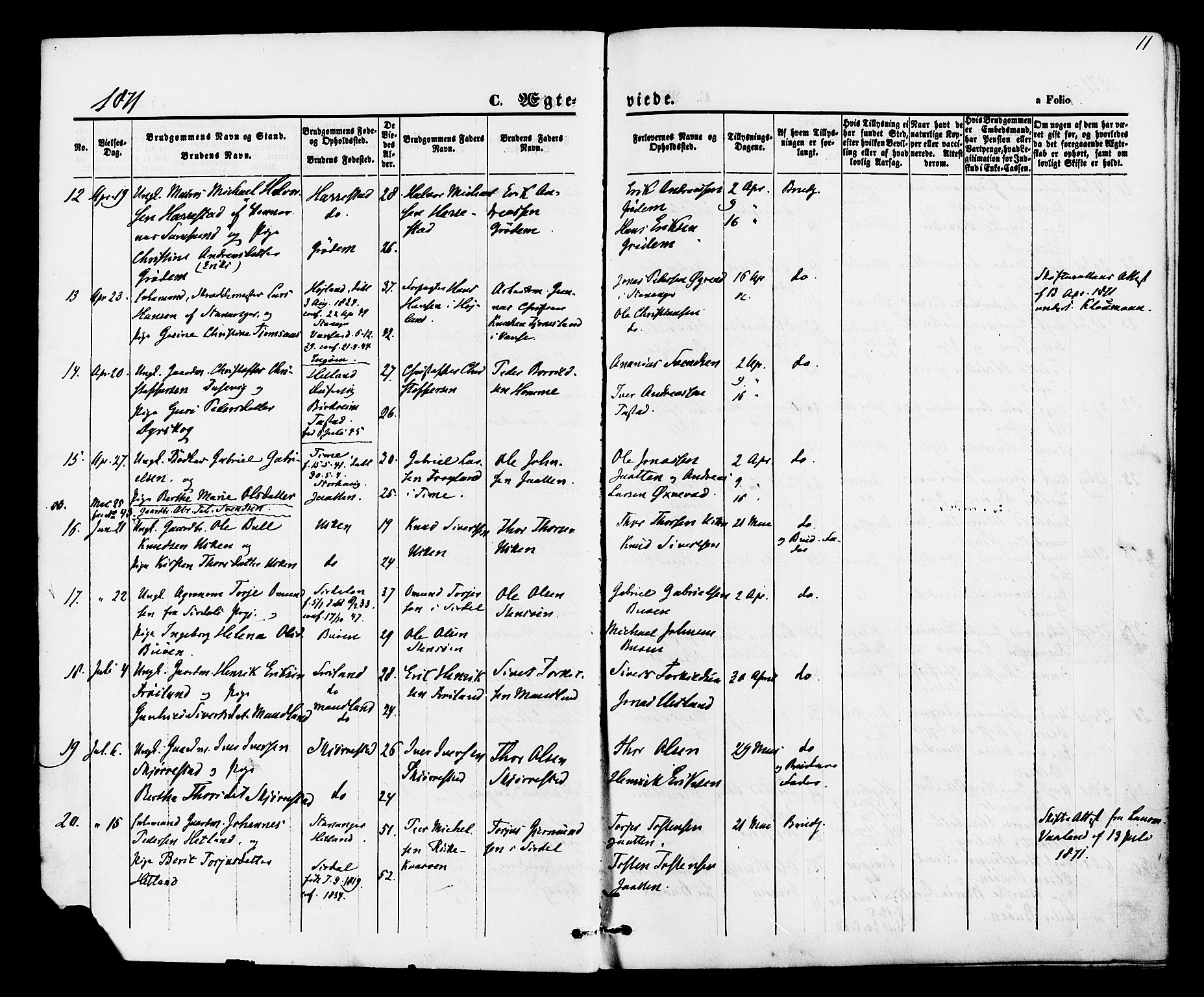 Hetland sokneprestkontor, AV/SAST-A-101826/30/30BA/L0005: Parish register (official) no. A 5, 1869-1884, p. 11